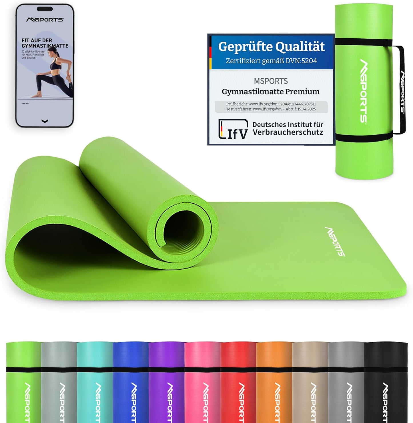 Gymnastikmatte mit Tragegurt, Lindgrün 190 x 60 x 1,5 cm
