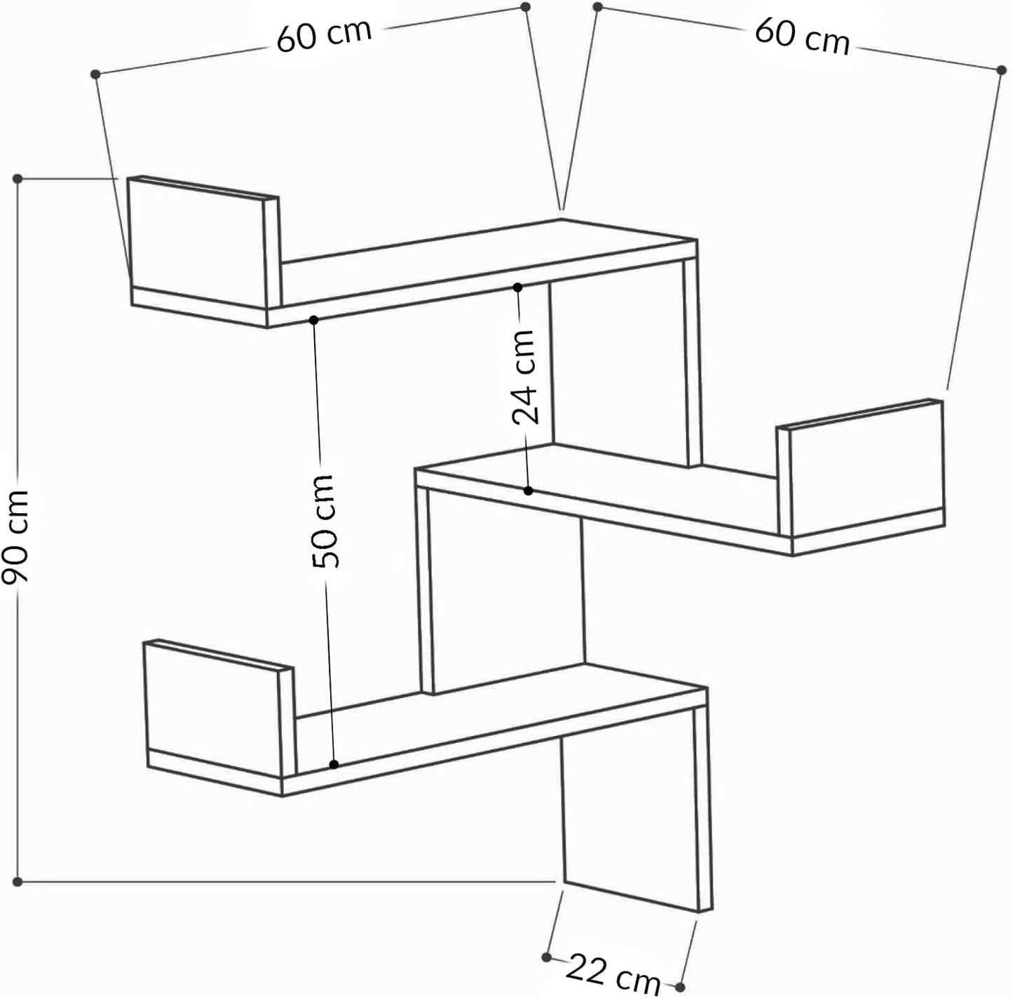 Bücherregal mit 3 Etagen, 60 x 90 x 22 cm, Weiß