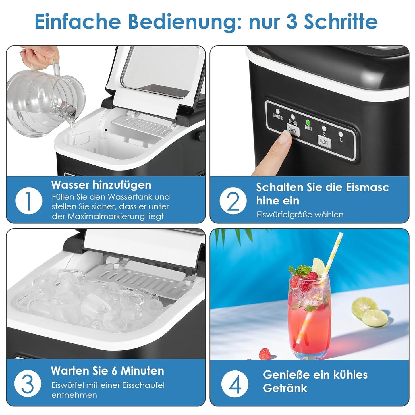 Eiswürfelmaschine mit Selbstreinigungsfunktion, Schwarz