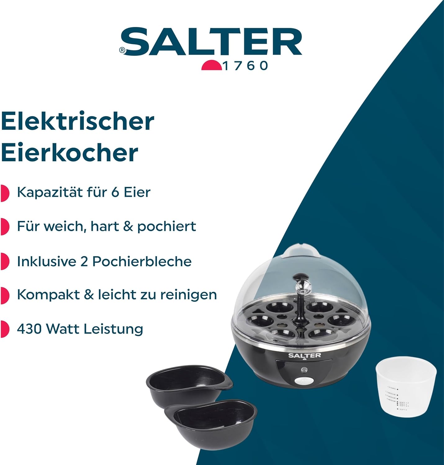Elektrischer Eierkocher für 6 Eier, inkl. Pochier-Einsätze, EU Stecker 6 Kapazität Für Eier