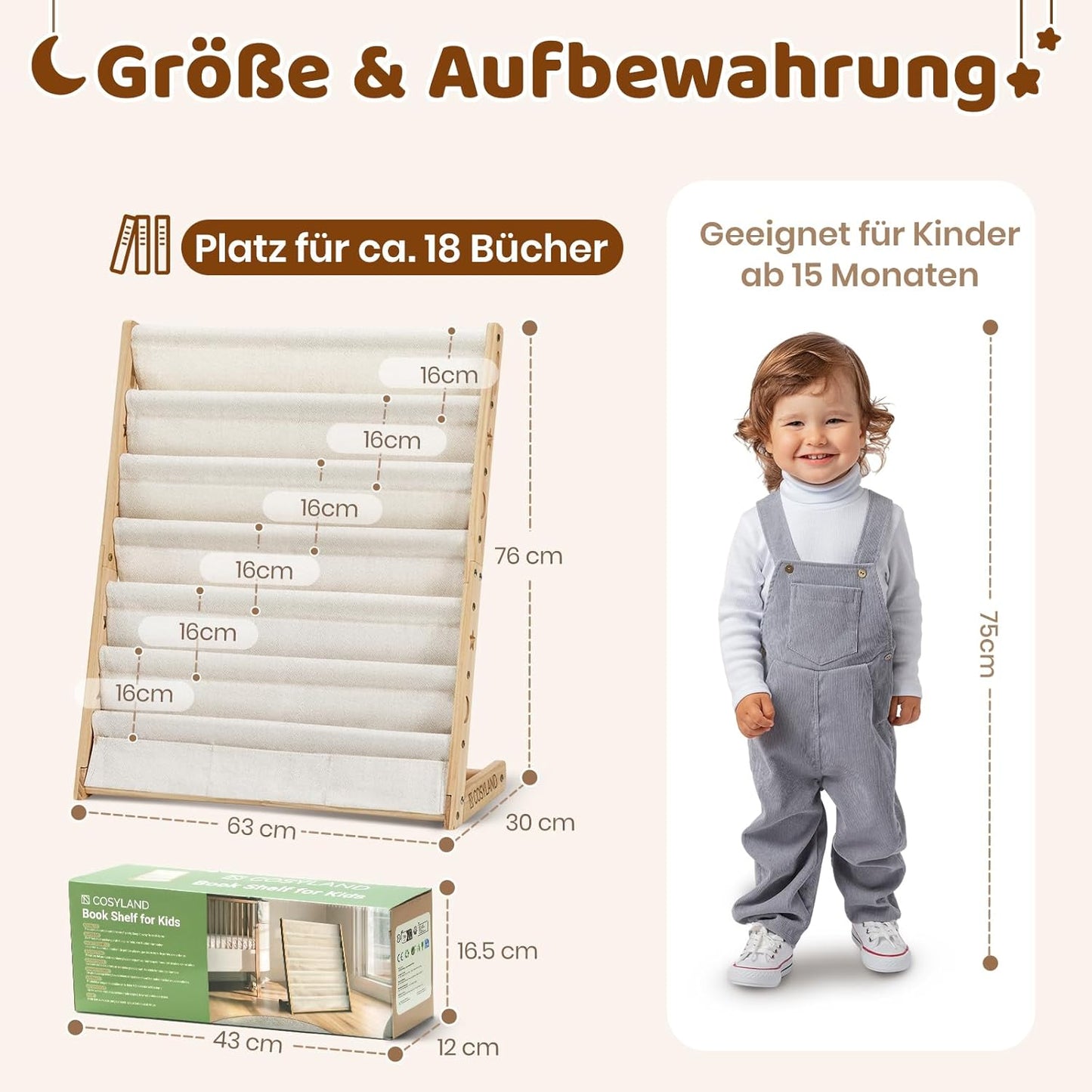 Bücherregal für Kinderzimmer mit sechs Stofffächern, Naturholzfarbe Large
