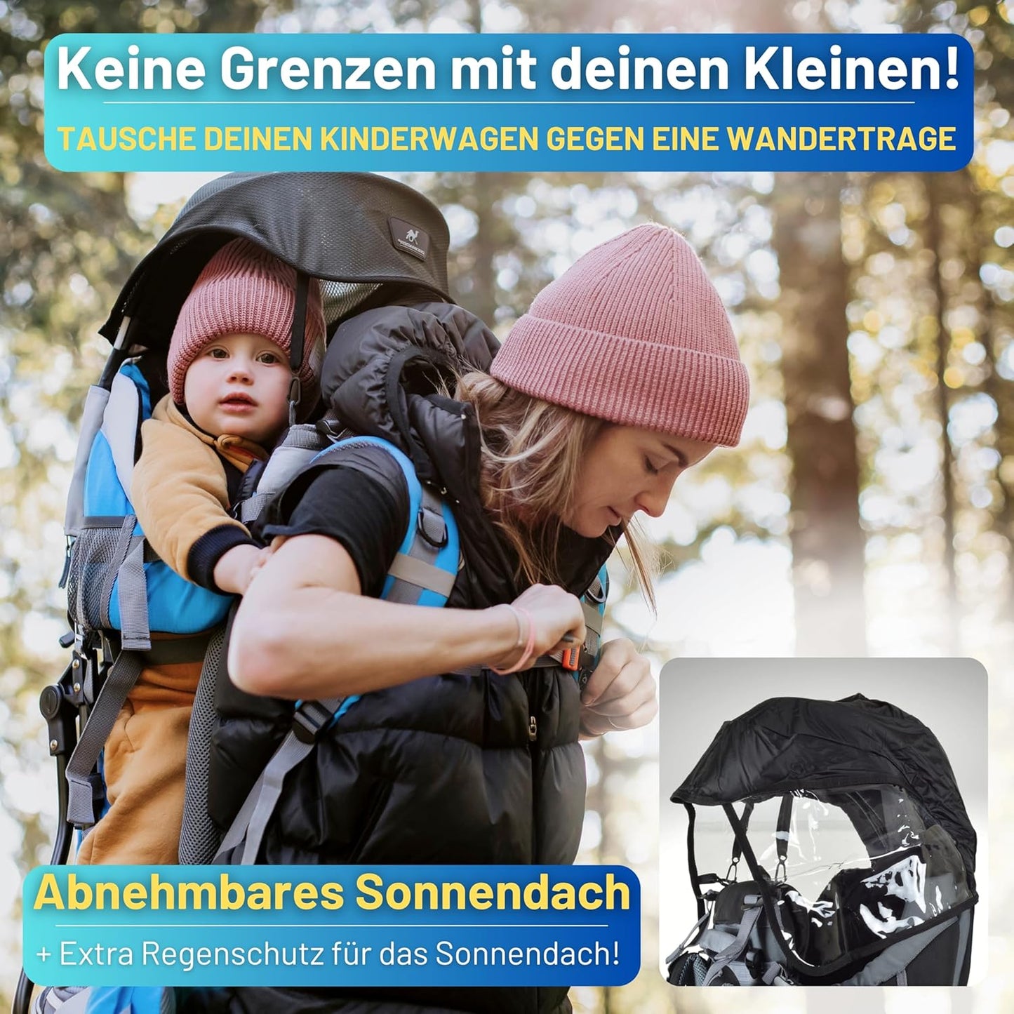 Kraxe Kindertrage mit Sonnendach und Regenschutz, Blau