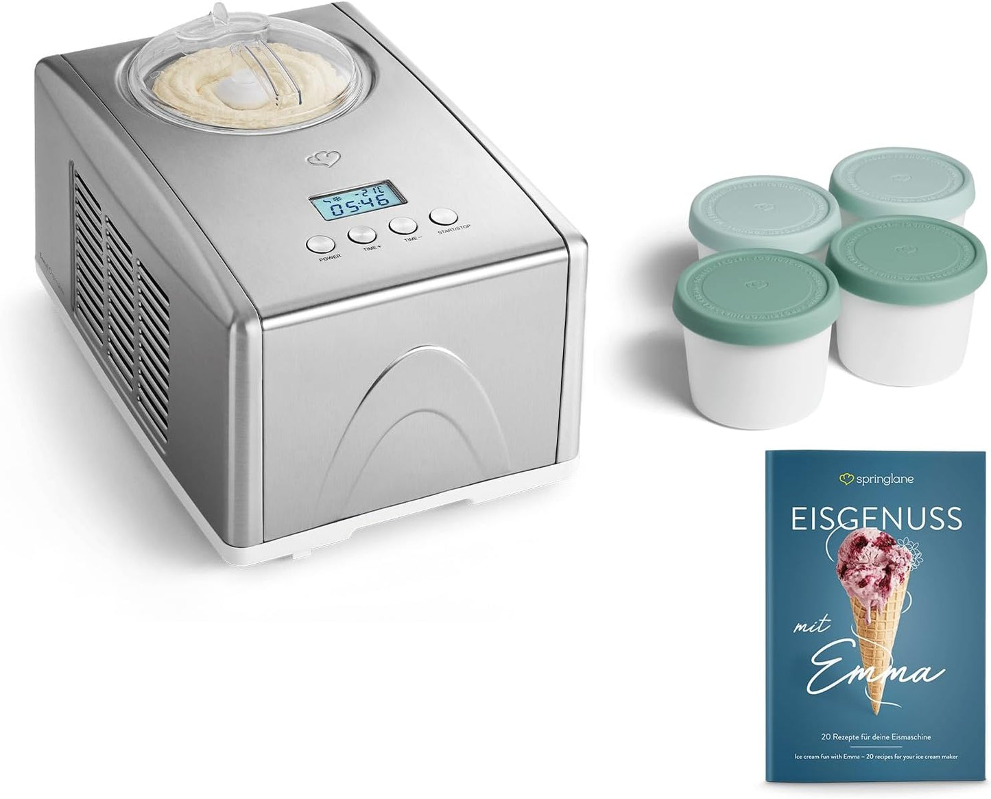 Eismaschine Emma mit selbstkühlendem Kompressor, Silber / Emma + 4 Eisbehälter Mini Mint