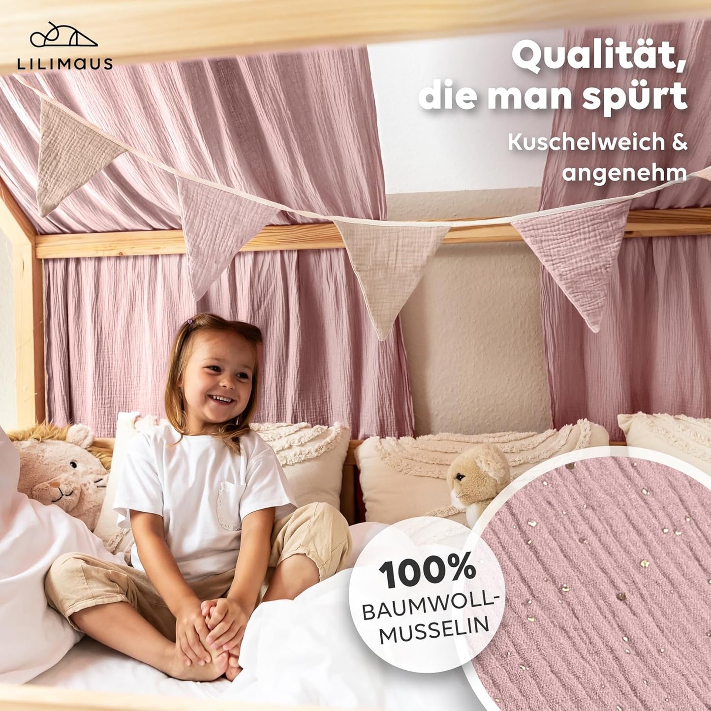 Stoffhimmel für Hausbett, Puderrosa mit Gold 2er Set 67 x 320cm
