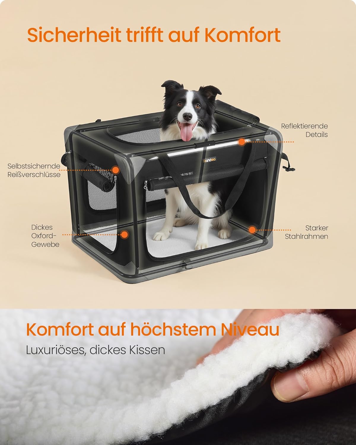 Faltbare Hundetransportbox mit vier Türen, L 76 x B 53 x H 53 cm