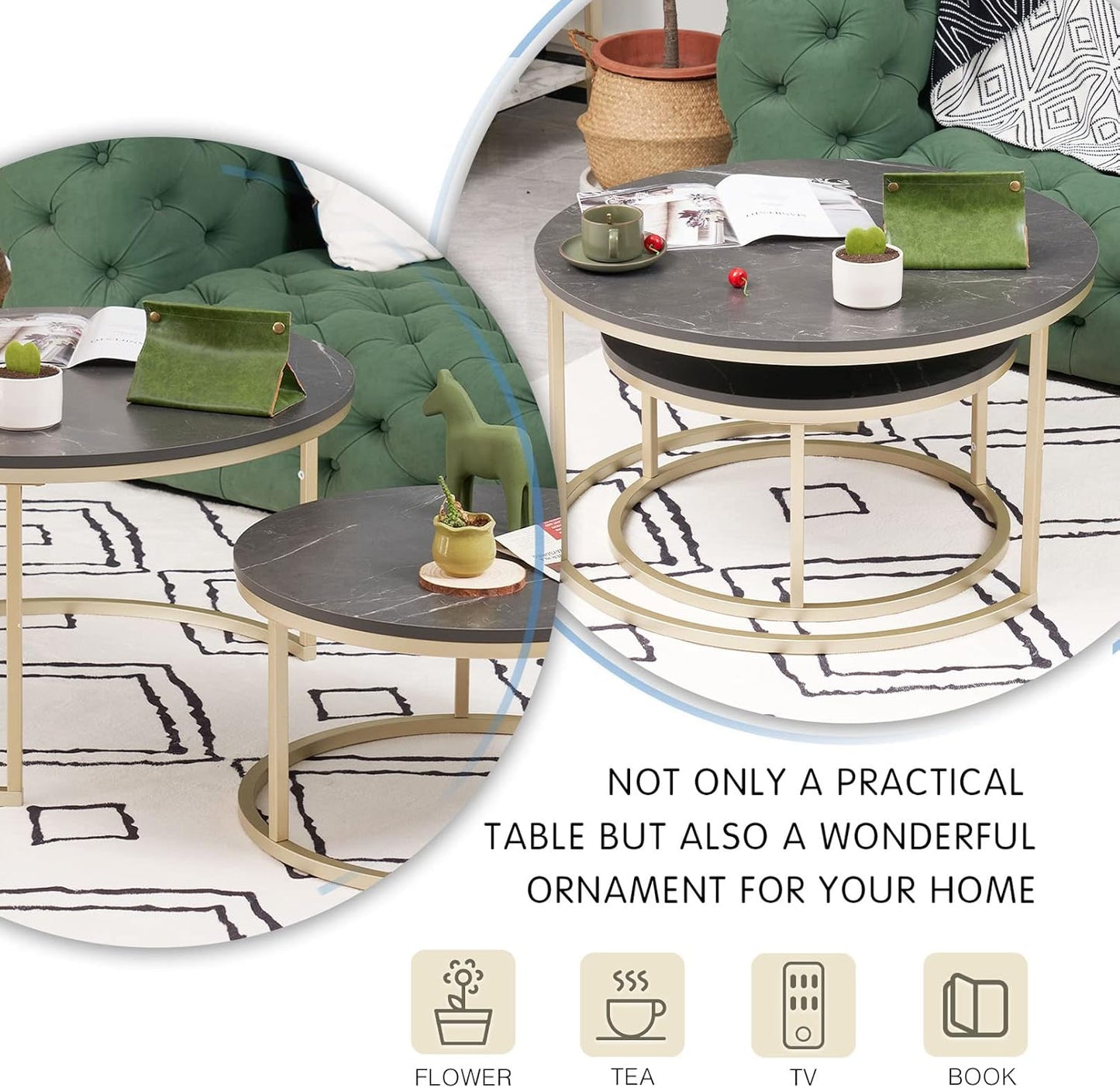 2er-Set Runder Couchtisch, Schwarz & Gold