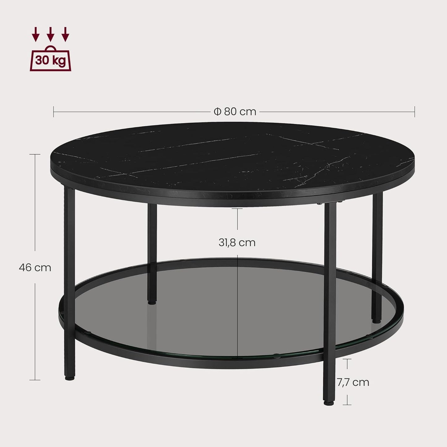 Moderner Couchtisch mit Glasplatte und Stauraum, LCT071B58, 80d cm Marmorschwarz + Tintenschwarz