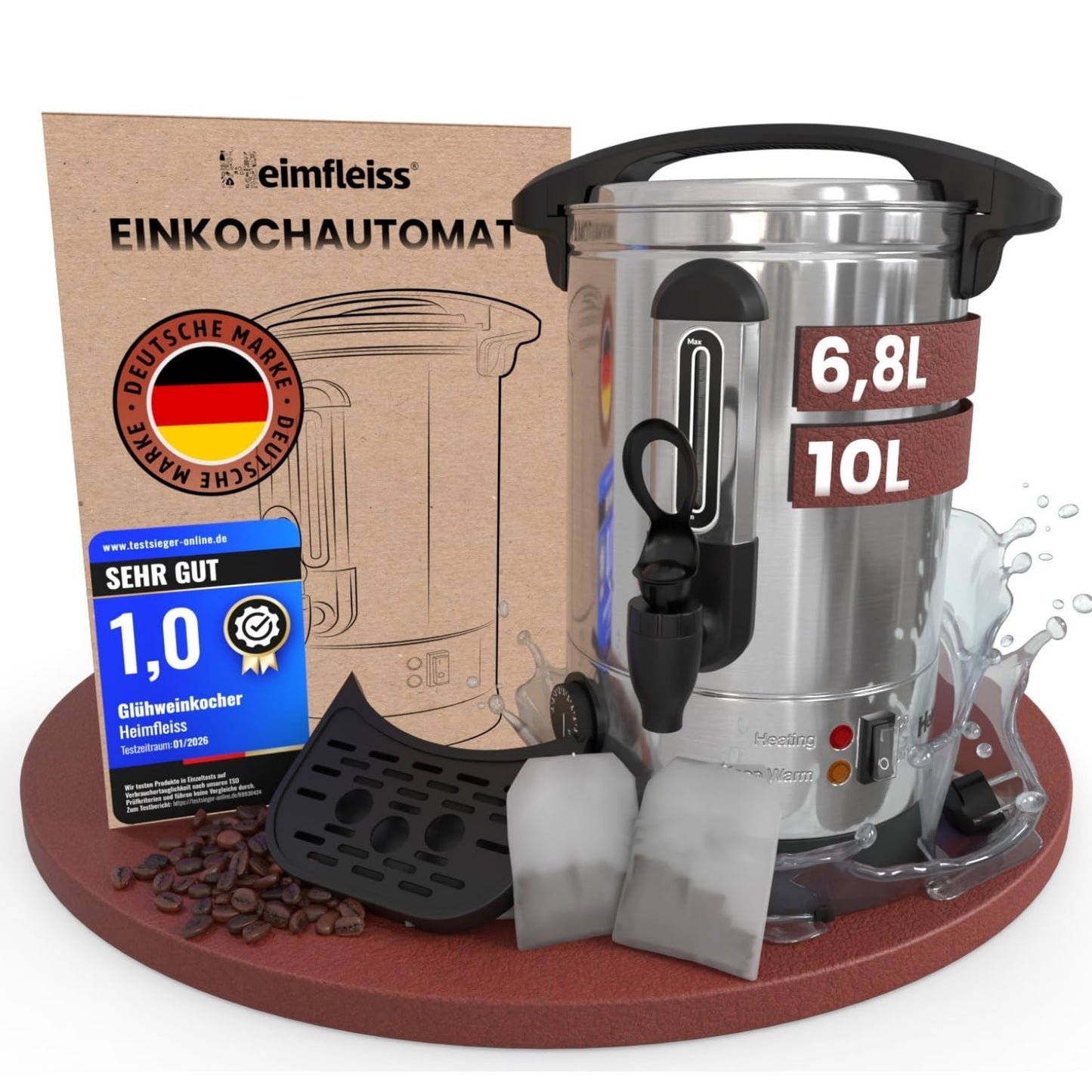 Glühweinkocher mit Zapfhahn und Thermostat, 6,8 Liter Silber (Inkl. Abtropfschale)