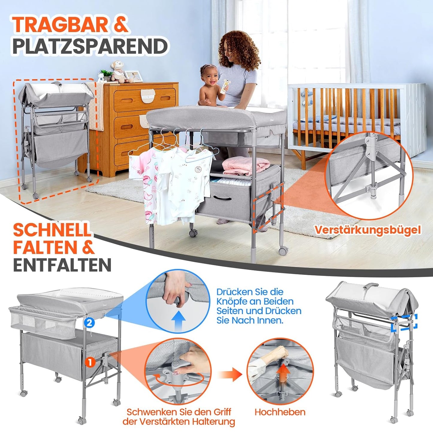 Höhenverstellbarer Baby-Wickeltisch mit Schubladen, Grau mit Schubladen