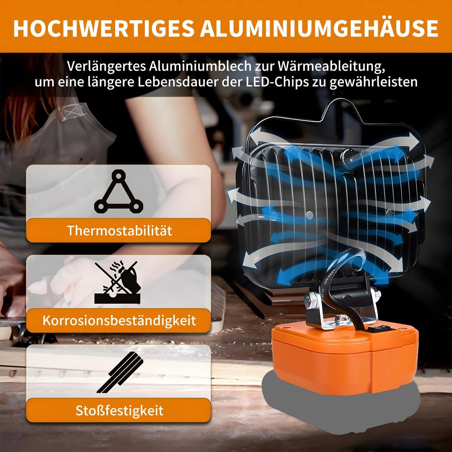 Tragbarer LED-Baustrahler, Orange