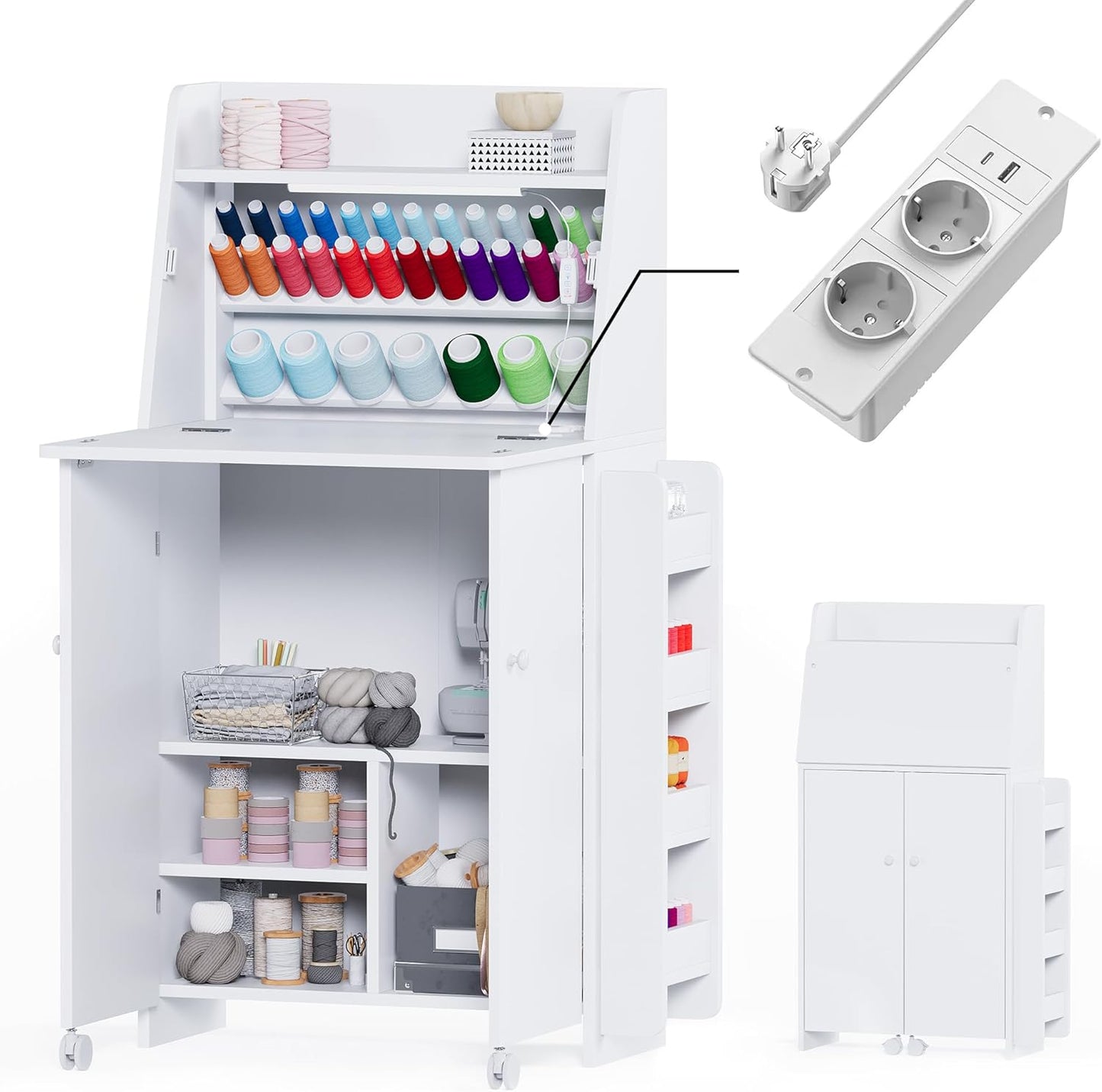 Klappbarer Nähschrank mit Garnhalter & Steckdosen
