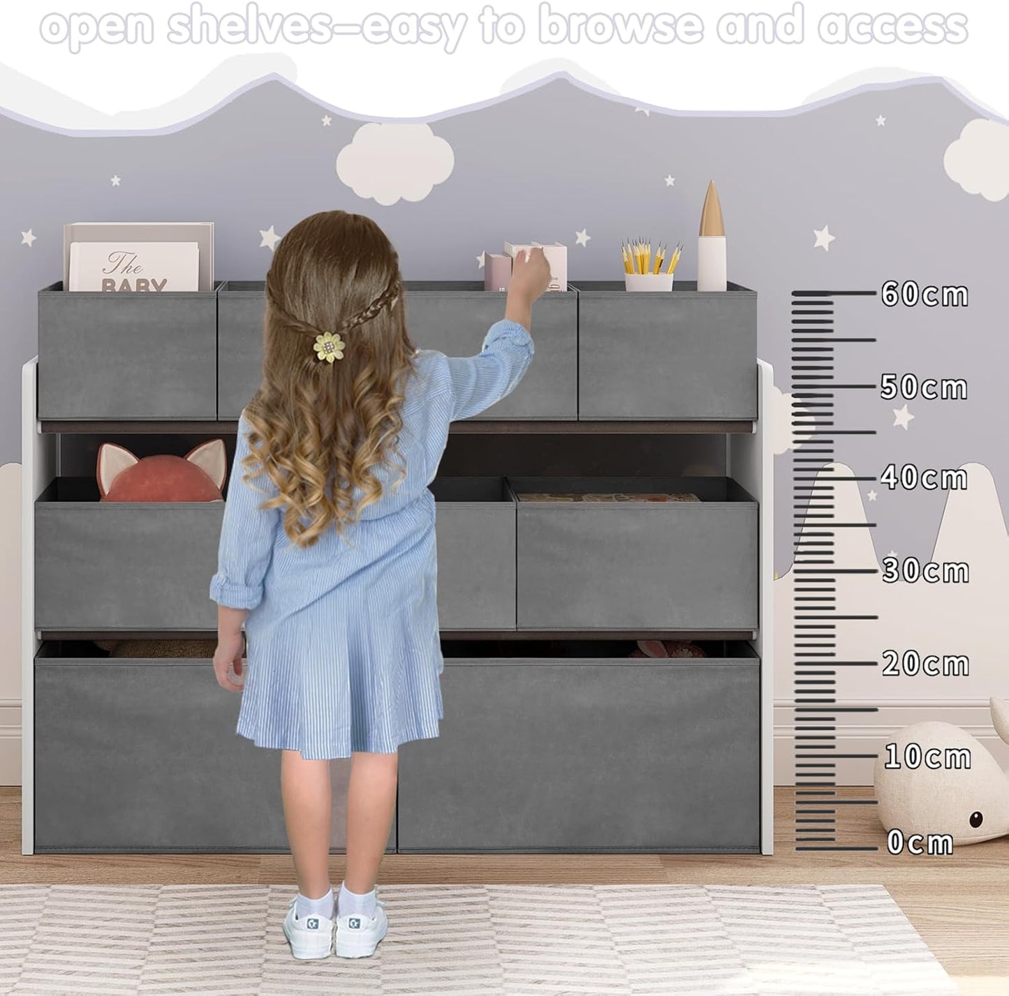 Kinder-Aufbewahrungsregal mit Vliesstoffboxen, Weiss+grau 92x60x30 cm