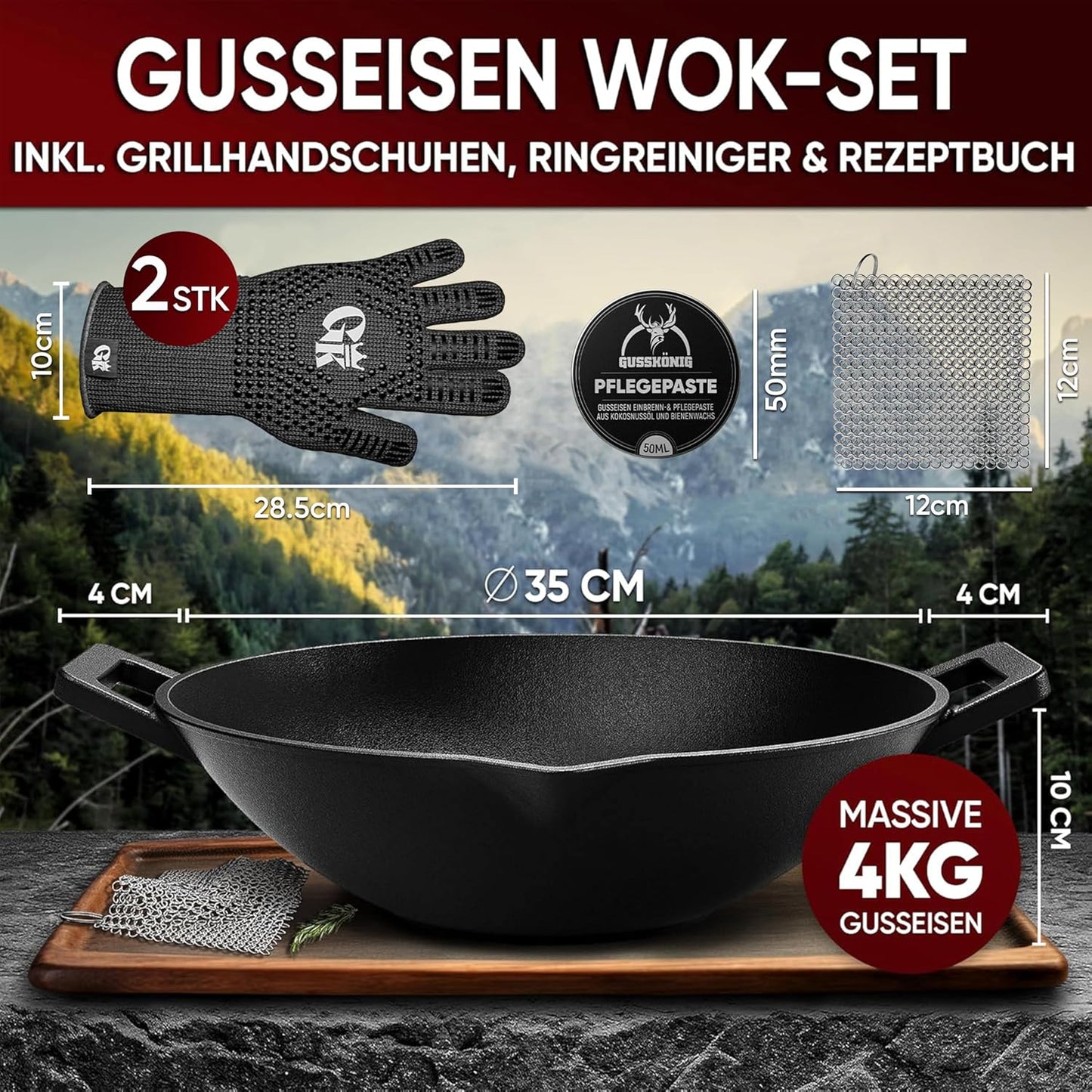 Gusseisen Wok Pfanne, 35 cm, mit Grillhandschuhen, Wok Pfanne mit Pflegepaste 35cm
