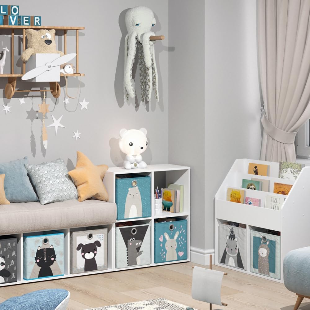 Kinderregal Tetra, Weiß 4 Fächer Faltboxen: grau, blau