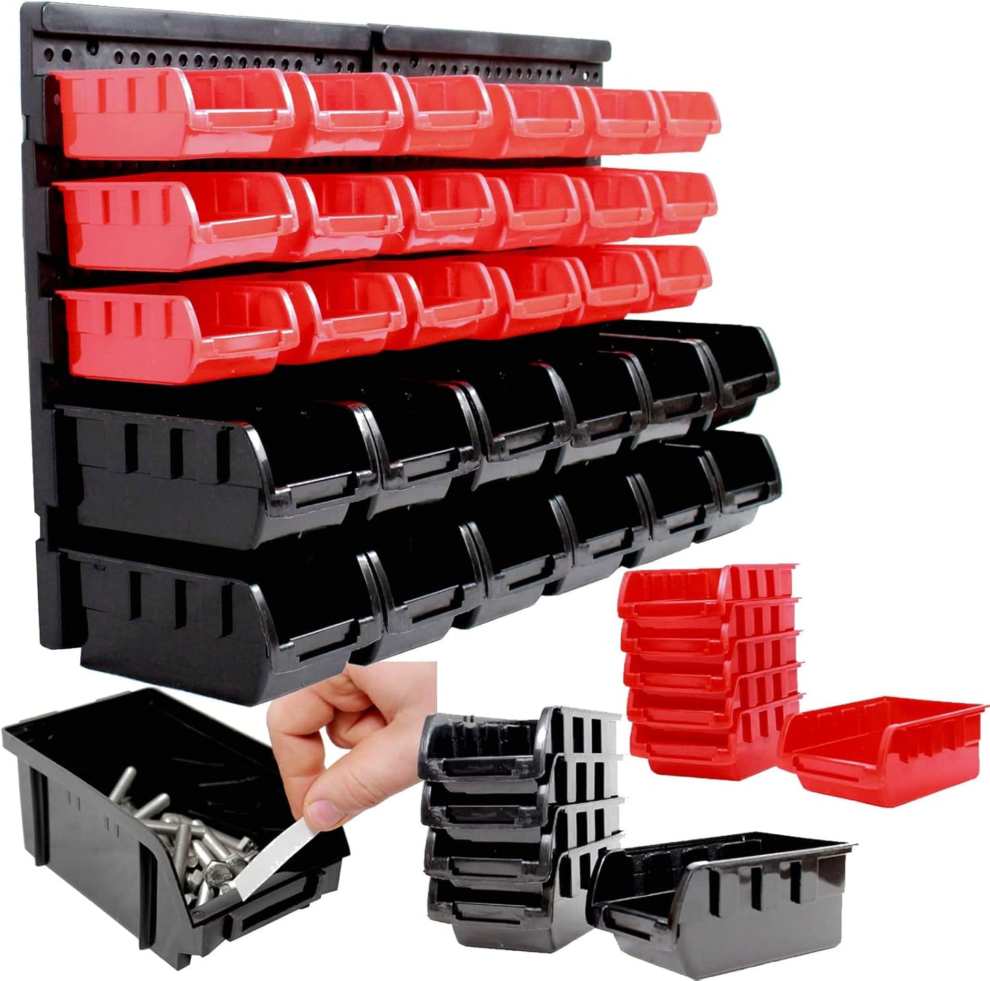 Werkzeugwand mit Stapelboxen, Rot