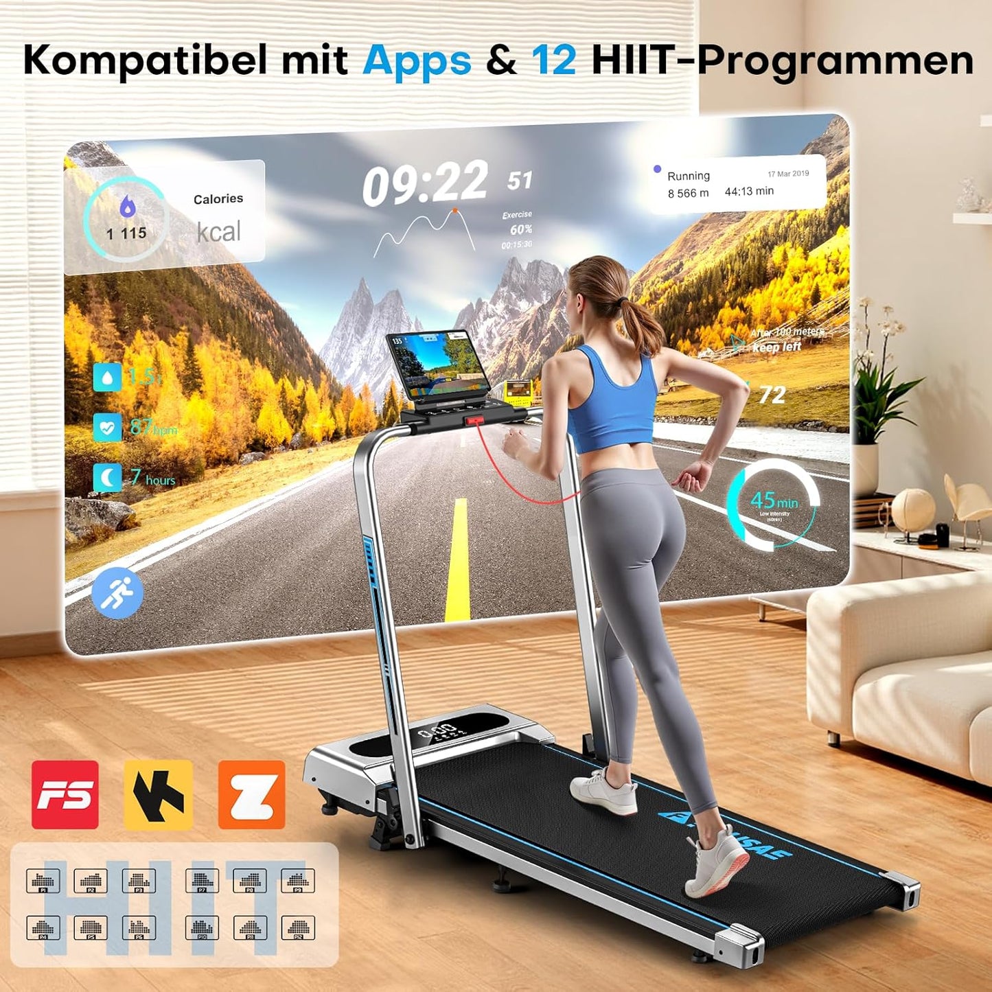 5-in-1 klappbares Laufband mit Steigung und App, Silber blau