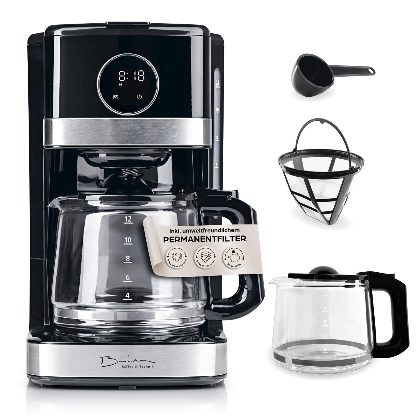 Kaffeemaschine mit Touchdisplay und Timerfunktion, 10) Schwarz - Glaskanne (Touch Display)