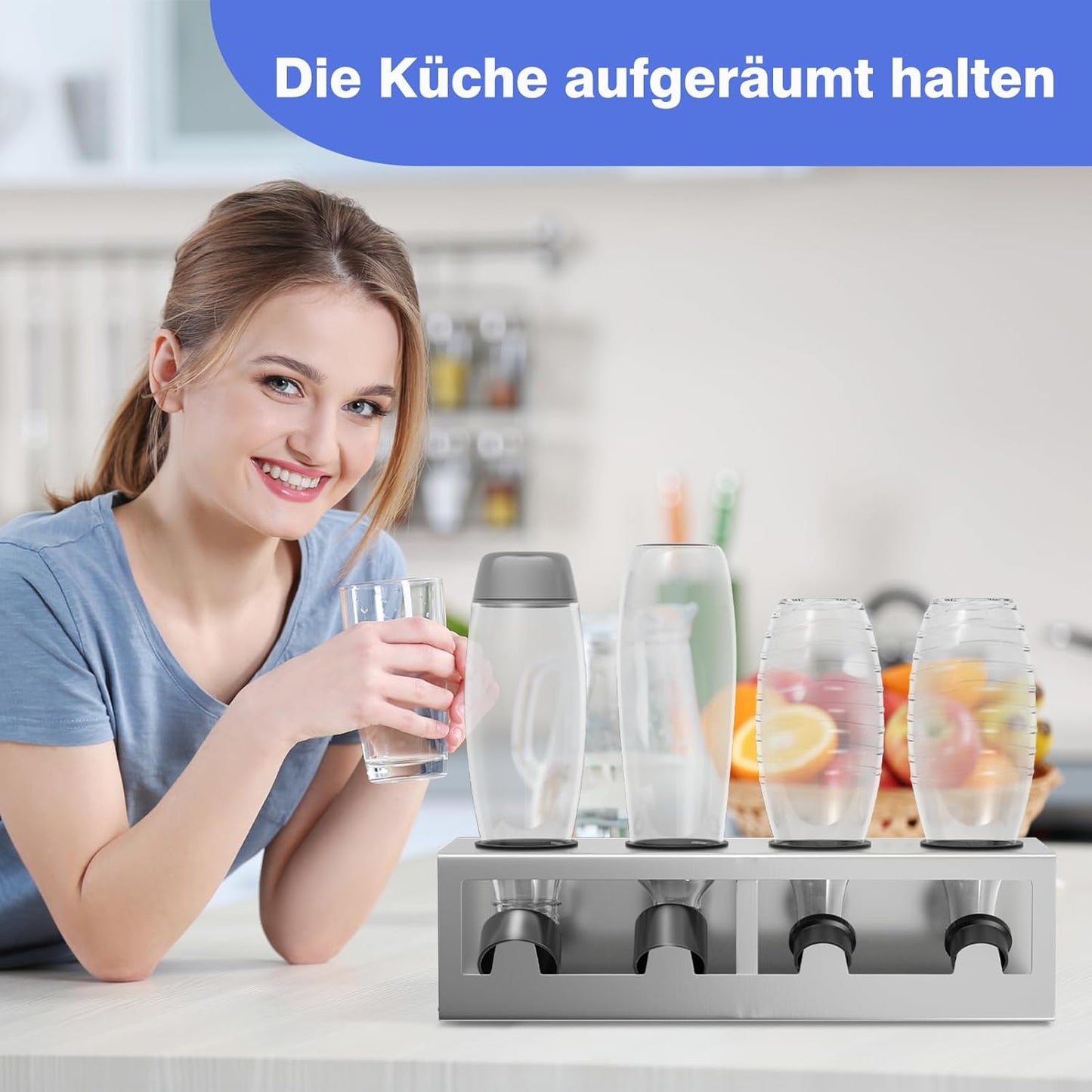 Flaschenhalter Abtropfgestell für SodaStream/Emil Flaschen, Silber 4-Loch