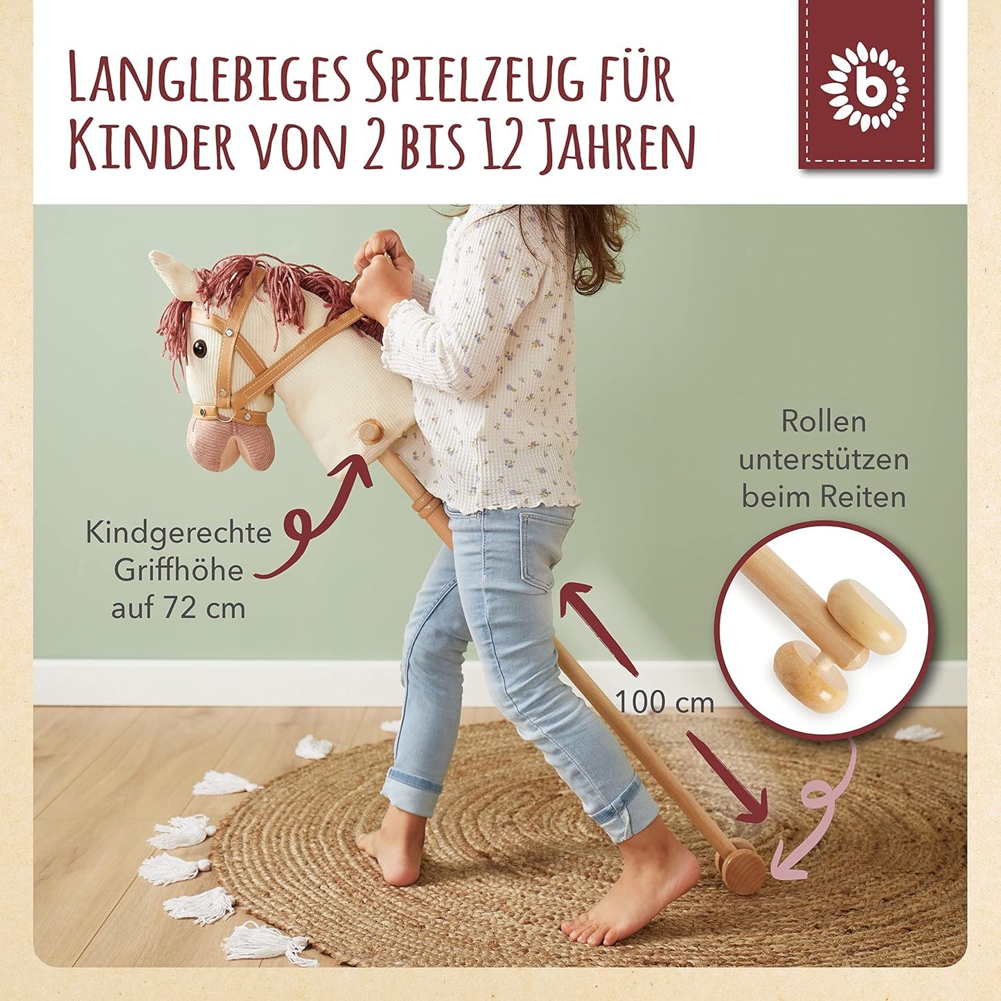 Steckenpferd Ginger mit Rollen und Holzstab, Ginger