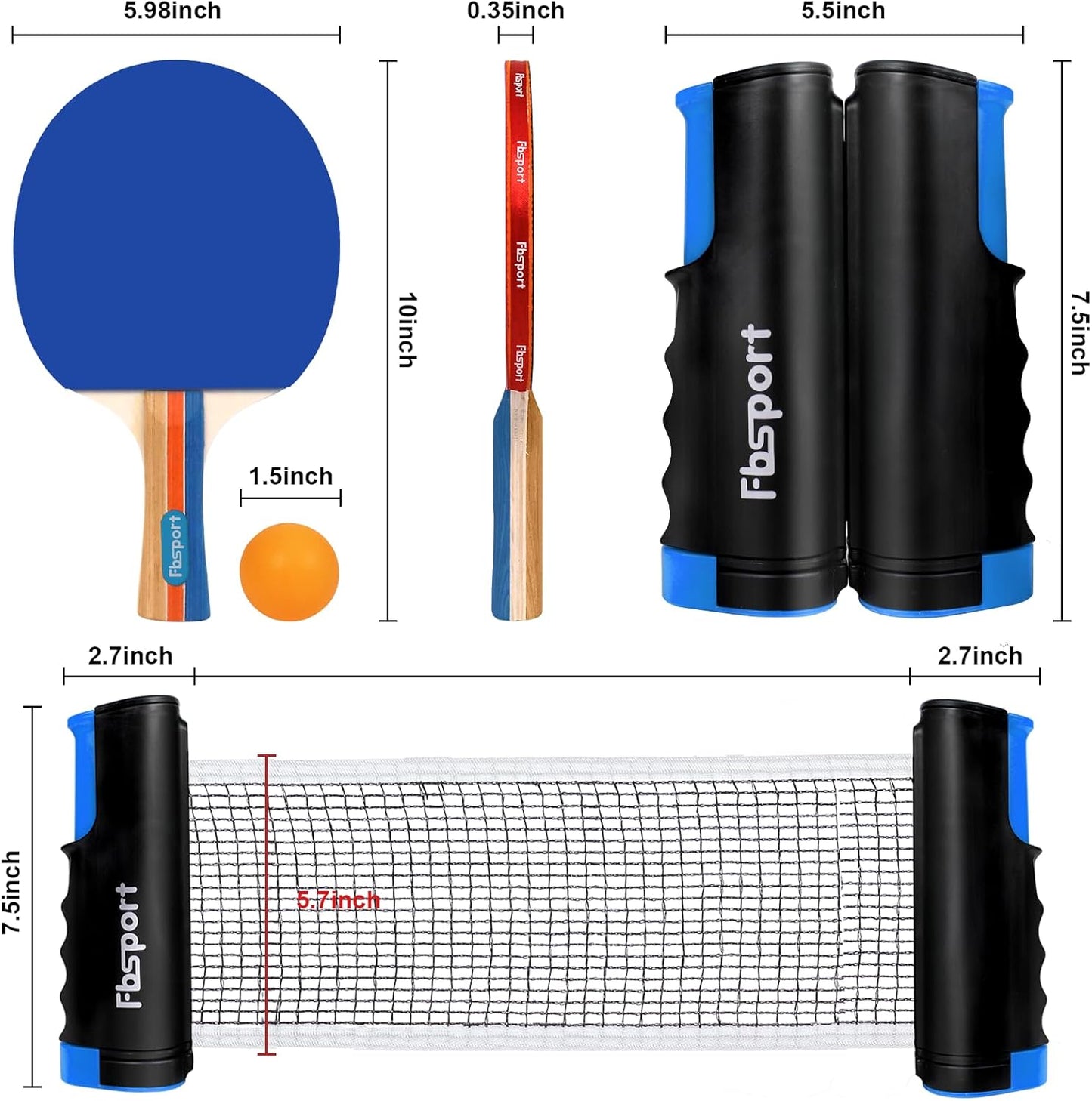 Tischtennis Set mit 4 Schläger & Netz, Rot + Blau