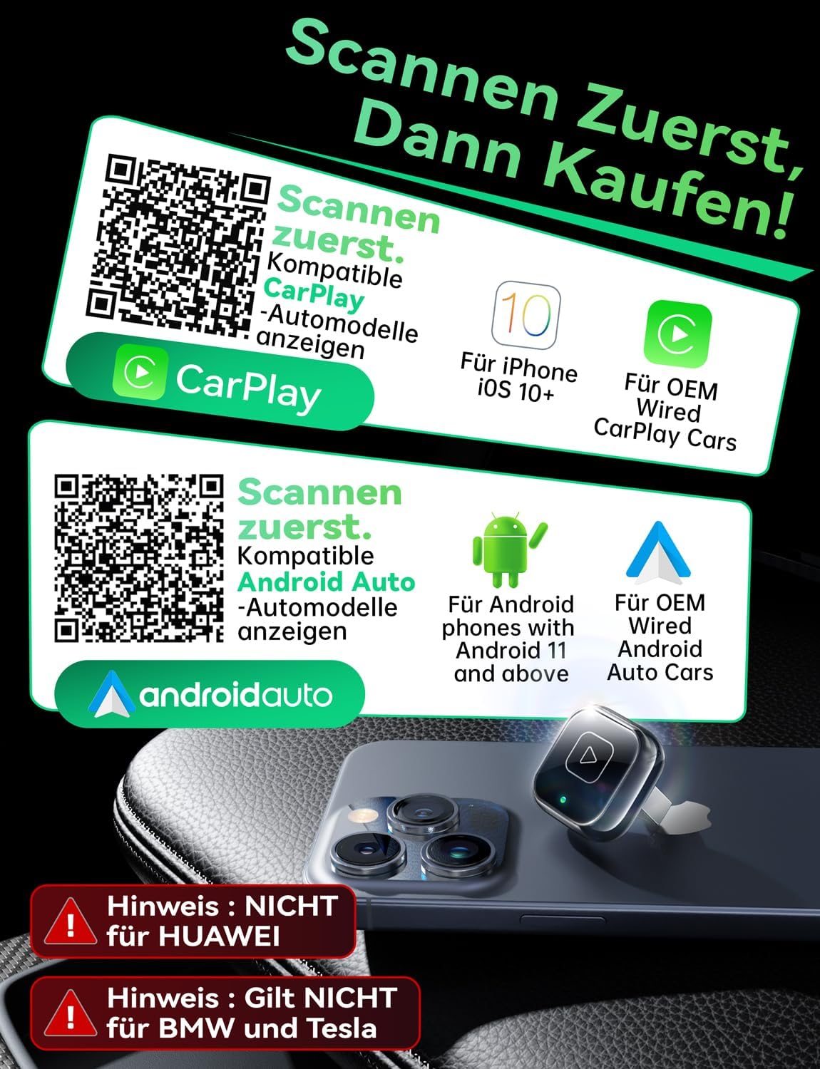 Wireless Carplay & Android Auto Adapter, Tiefschwarz