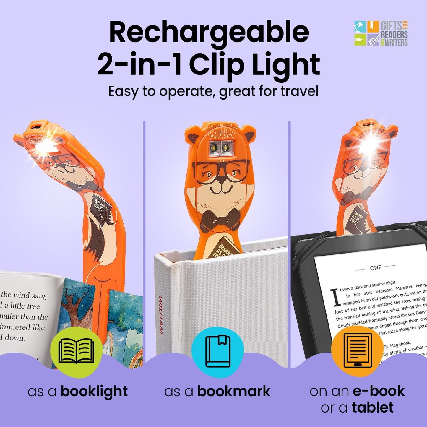 Flexilight 2-in-1 Clip On Leselampe & Lesezeichen, wiederaufladbar, Fuchs