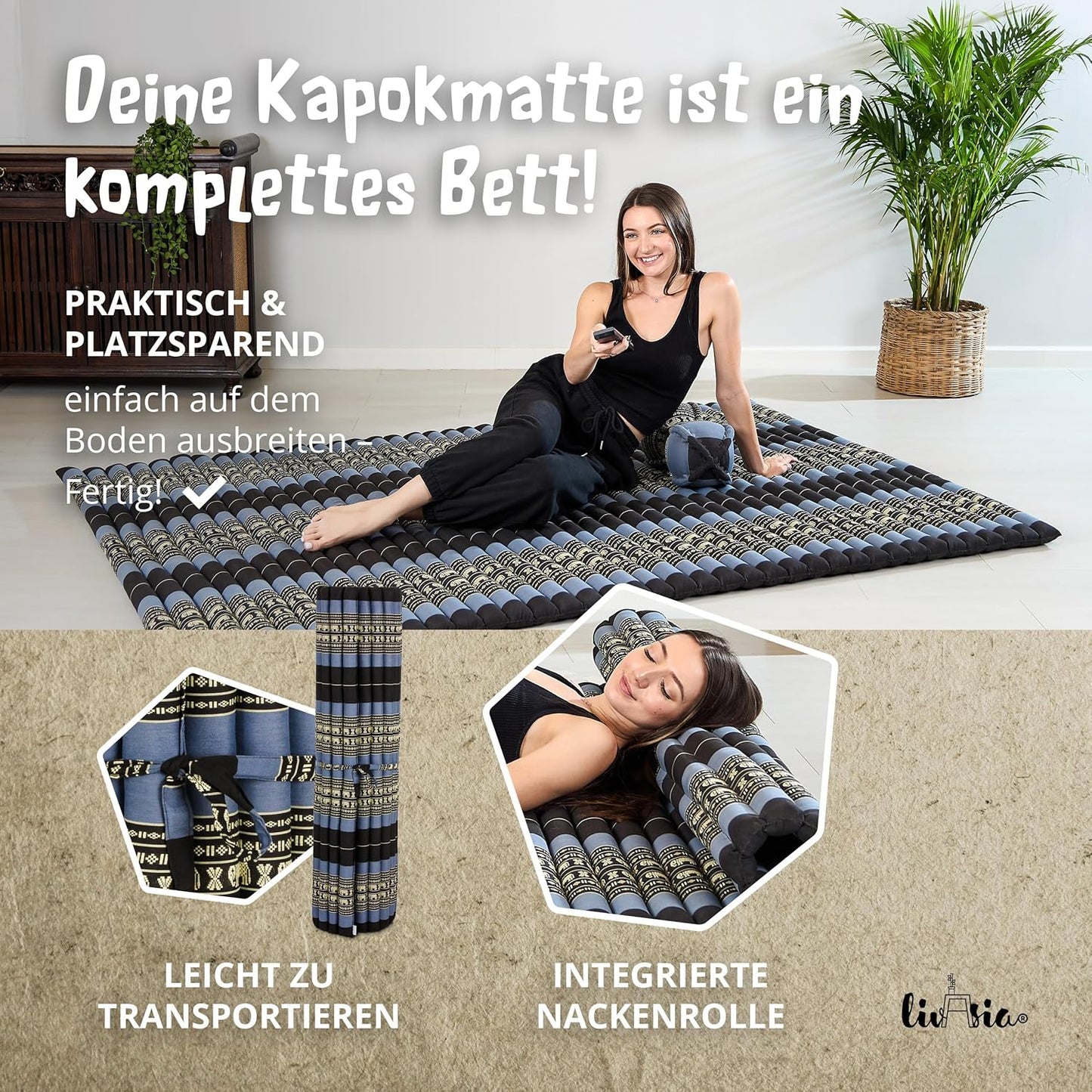 Rollmatratze Gästebett L-200x145x4,5cm, XL (200 x 145 cm) Blau/Elefanten