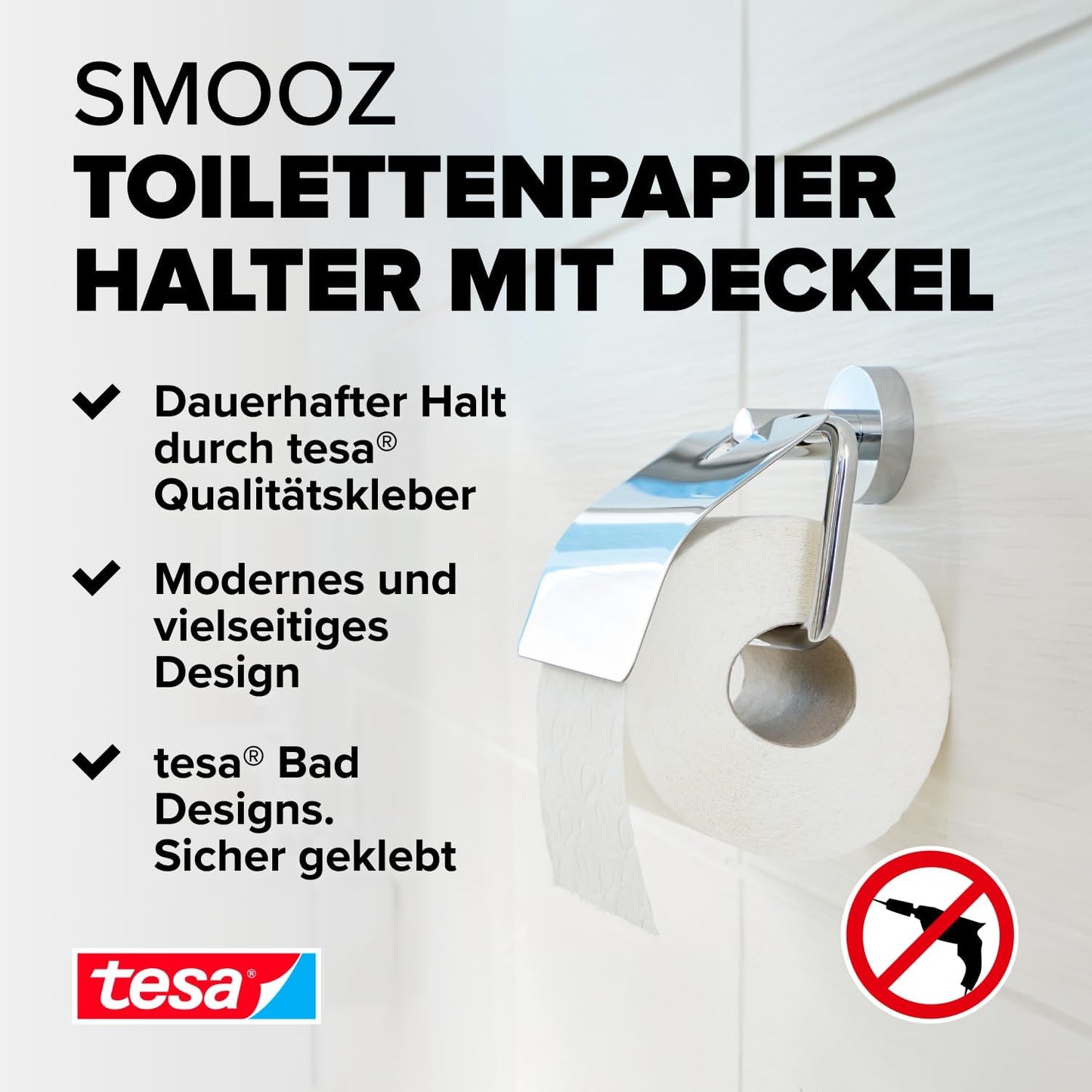 SMOOZ WC-Papierrollenhalter inkl. Klebelösung ohne Bohren, 145mm x 130mm x 54mm Toilettenrollenhalter (mit Deckel)