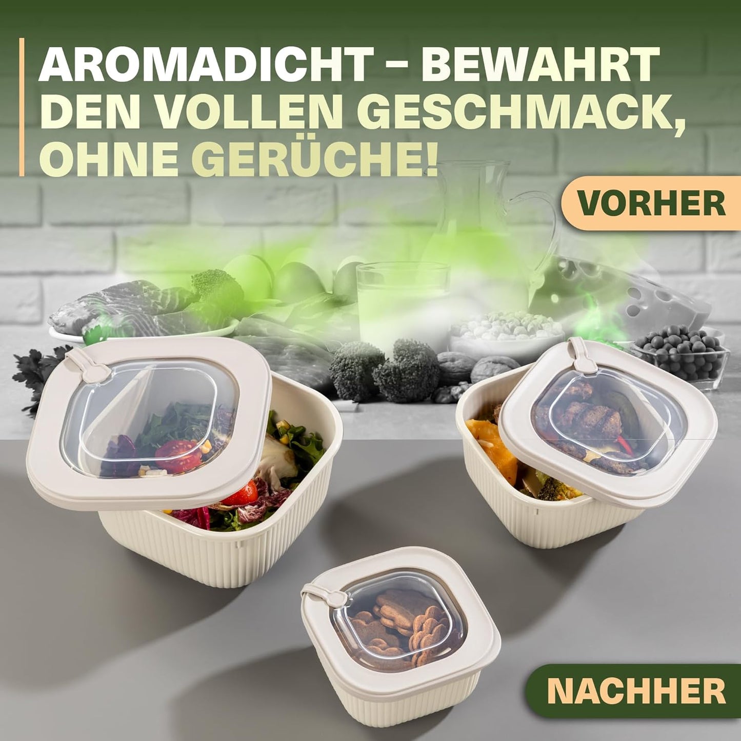9-teiliges Frischhaltedosen-Set mit Ventildeckel, Beige 9er Set Quadratisch
