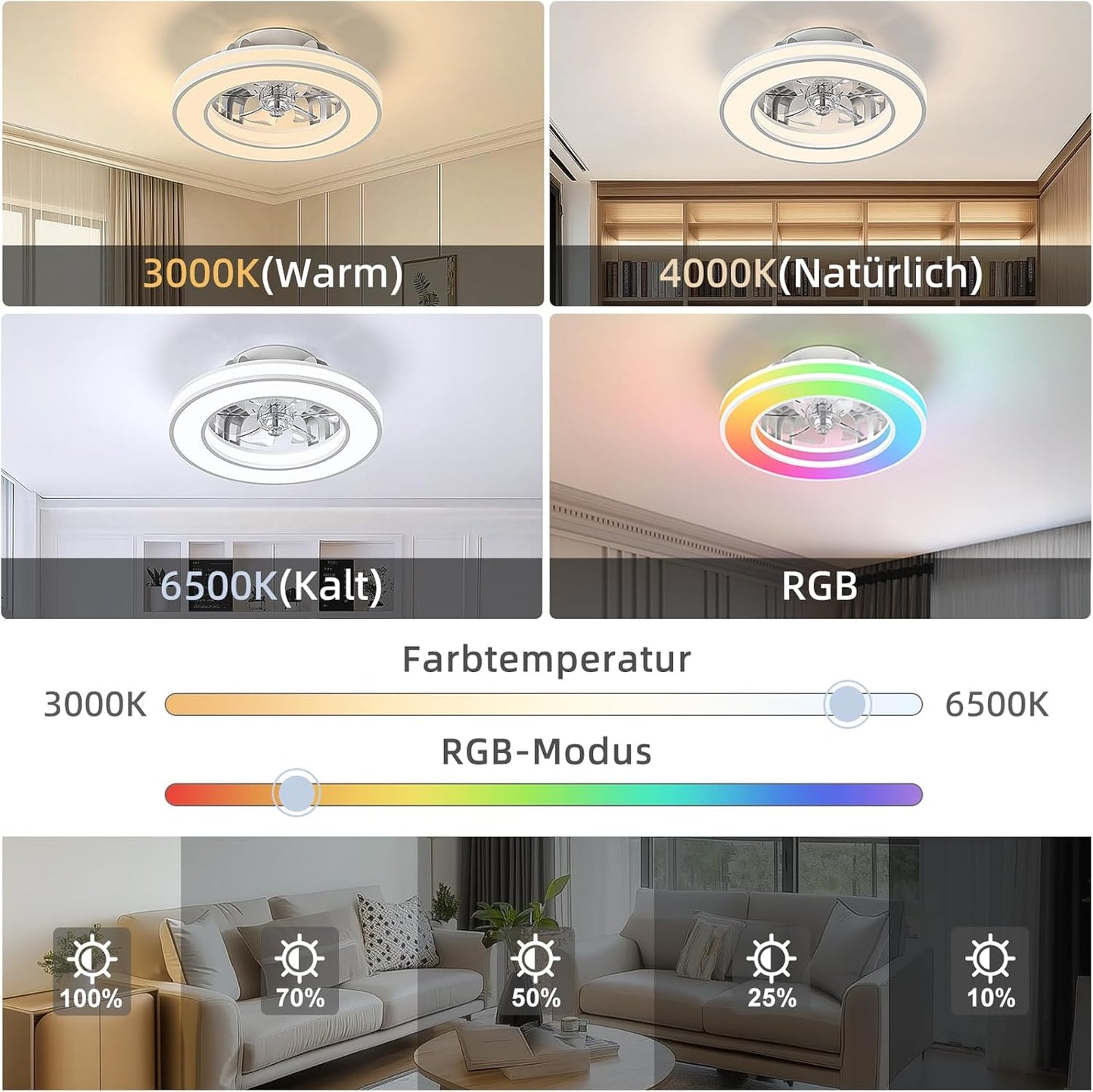 Deckenventilator mit Beleuchtung und Fernbedienung, Weiss 1 (3cct+rgb) 41.5CM