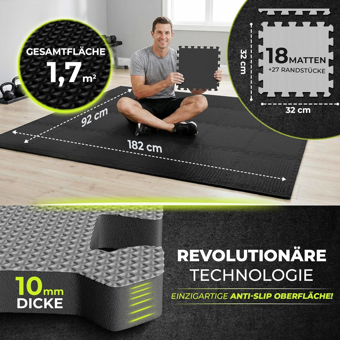 Antislipx Schutzmatten Puzzlematte-Set, Antislipx Double-sided Anthrazit/Grau | 18 Matten | 1,67 M², 32L x 32B x 1D cm