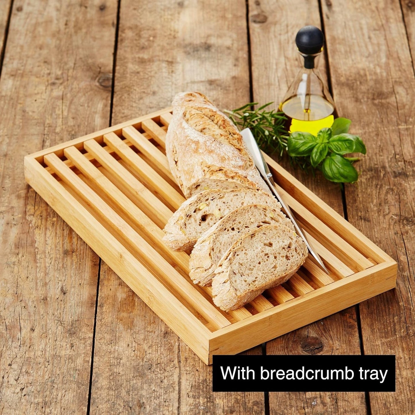 Brotschneidebrett mit Krümelrost und Auffangschale, 42.5L x 25B cm