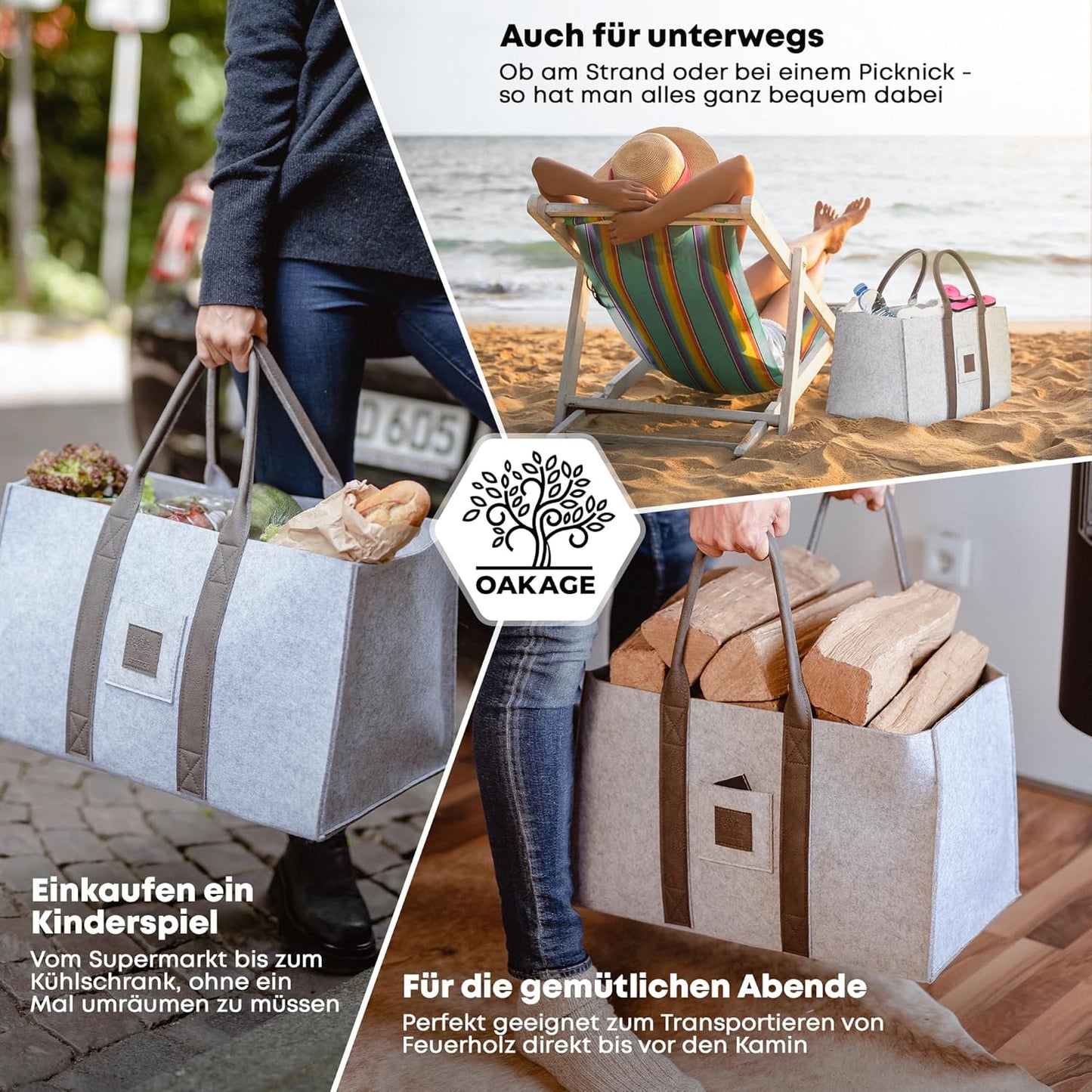 2er-Set Einkaufstaschen & Kaminholzkorb, Doppelpack Hellgrau