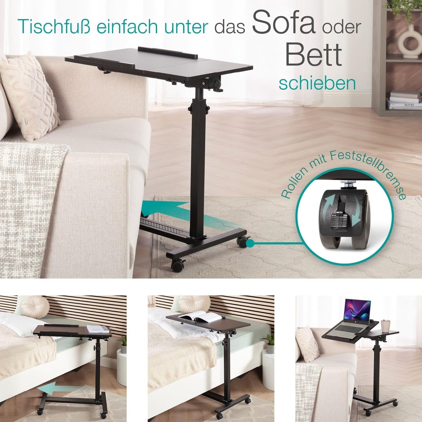 Mobiler höhenverstellbarer Betttisch auf Rollen, Schwarz