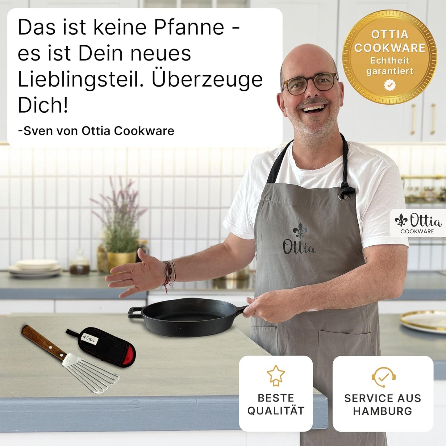 Gusseisenpfanne Induktion 24cm mit Zubehör-Set, 24cm ungeschliffen mit Zubehör