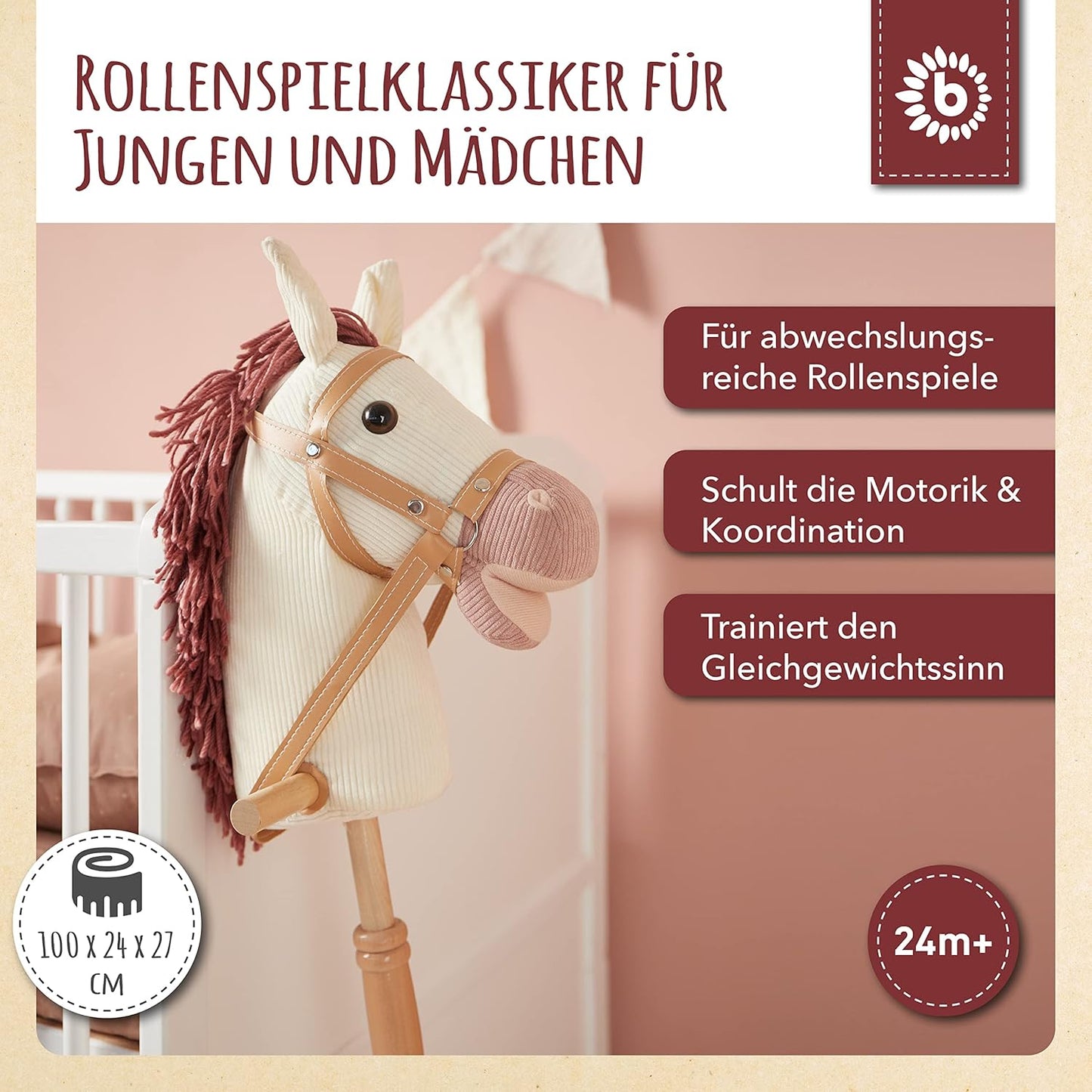 Steckenpferd Ginger mit Rollen und Holzstab, Ginger