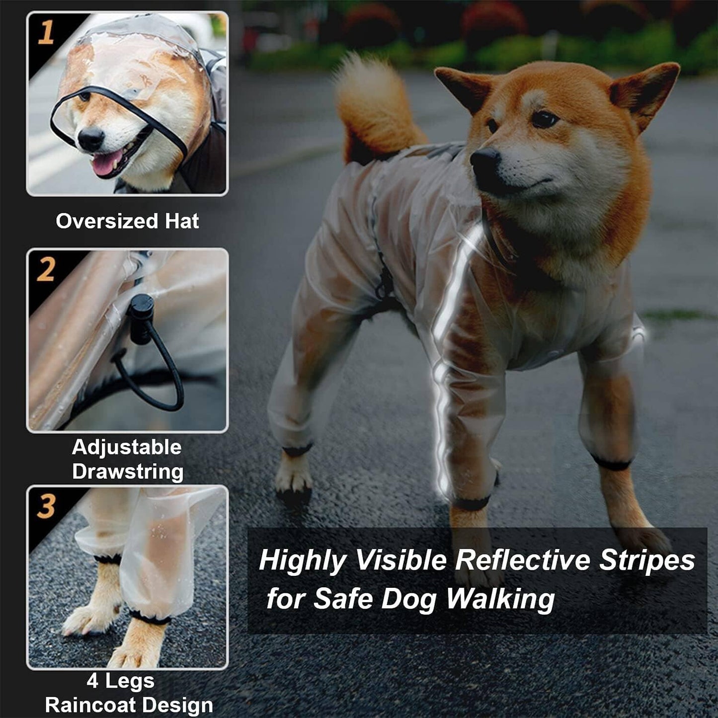 Hunde Regenjacke mit Kapuze, 4 Beine, wasserdicht, reflektierend, 2XL, Durchsichtig
