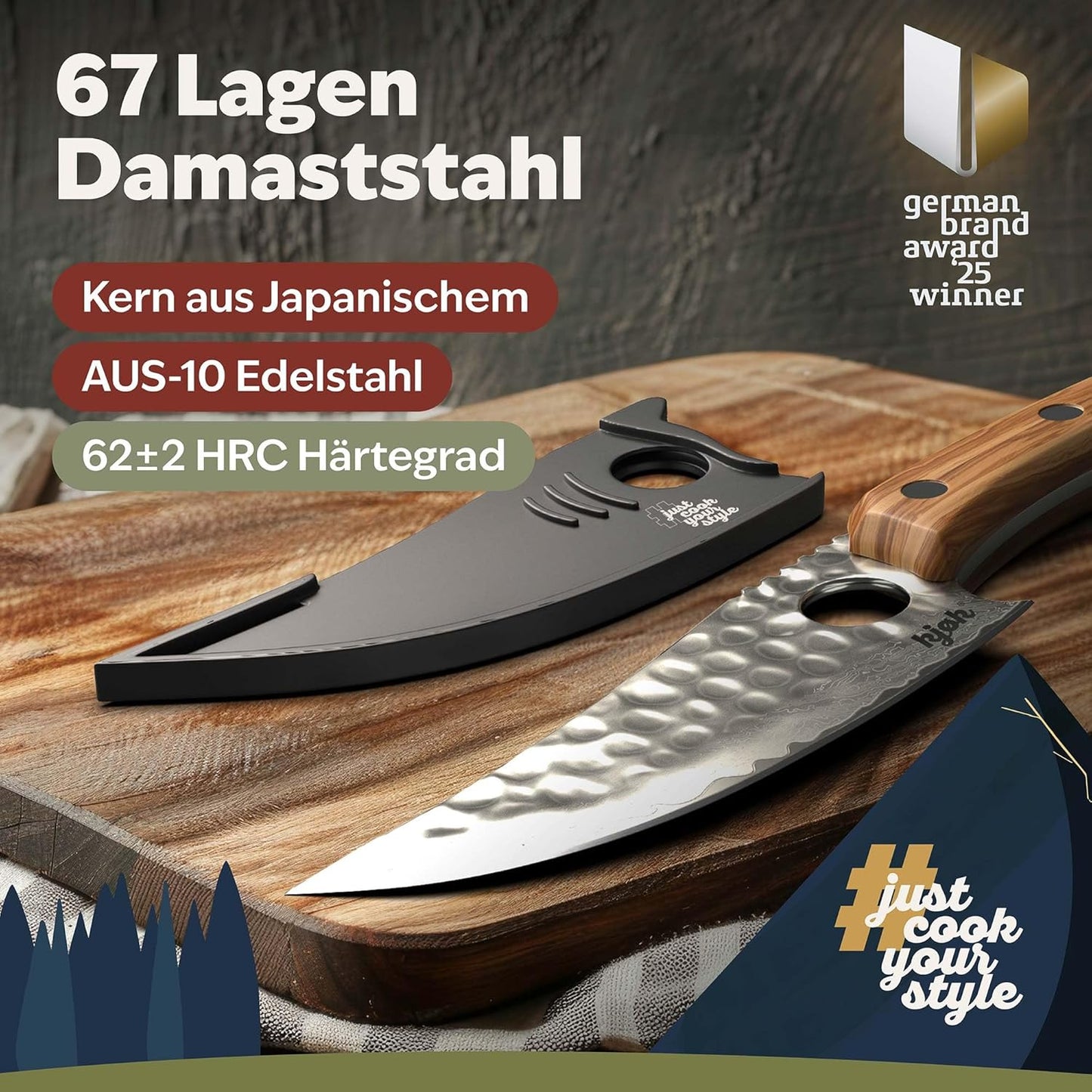 Damastmesser Kochmesser, V1: 62±2 Hrc