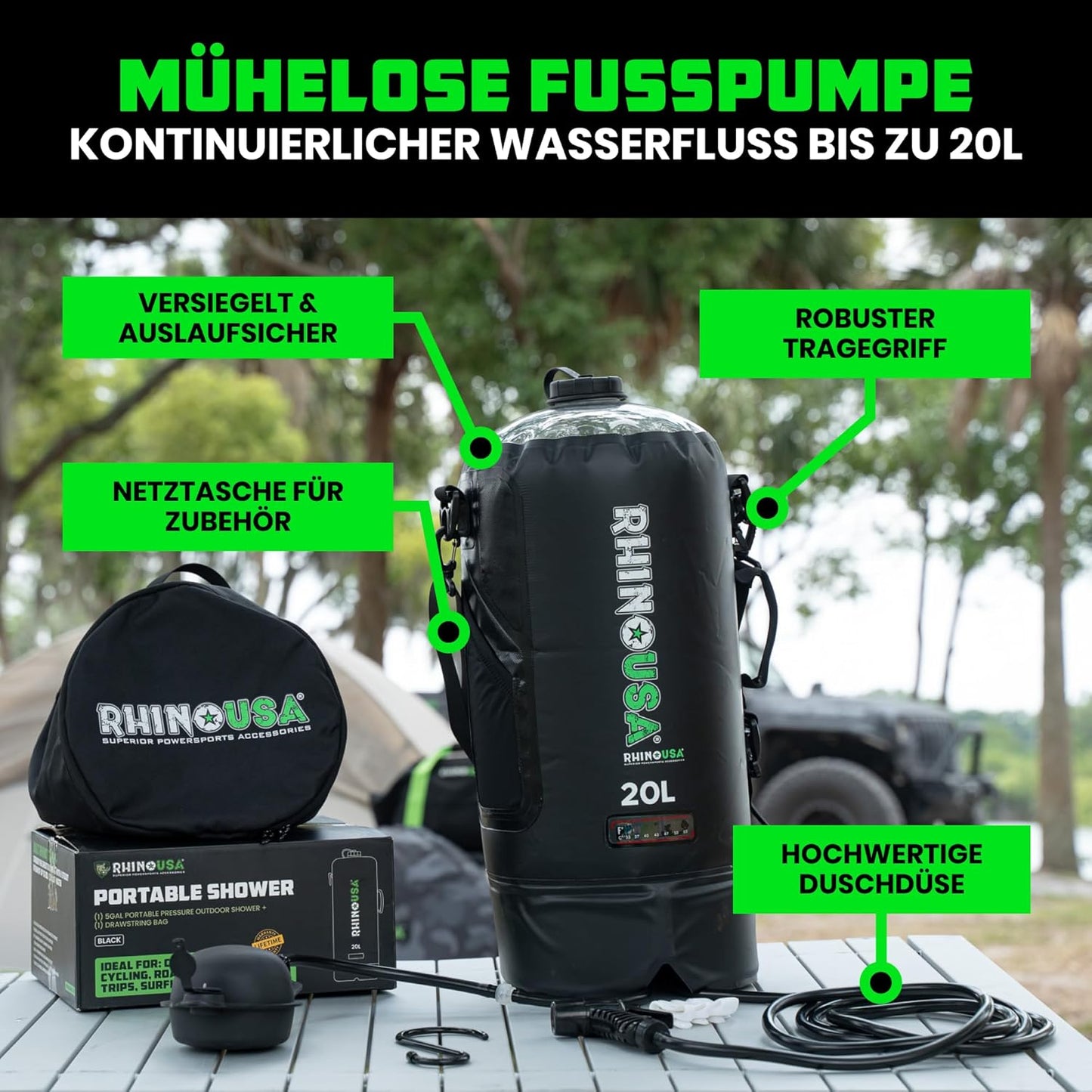 Tragbare Solar-Campingdusche, Schwarz