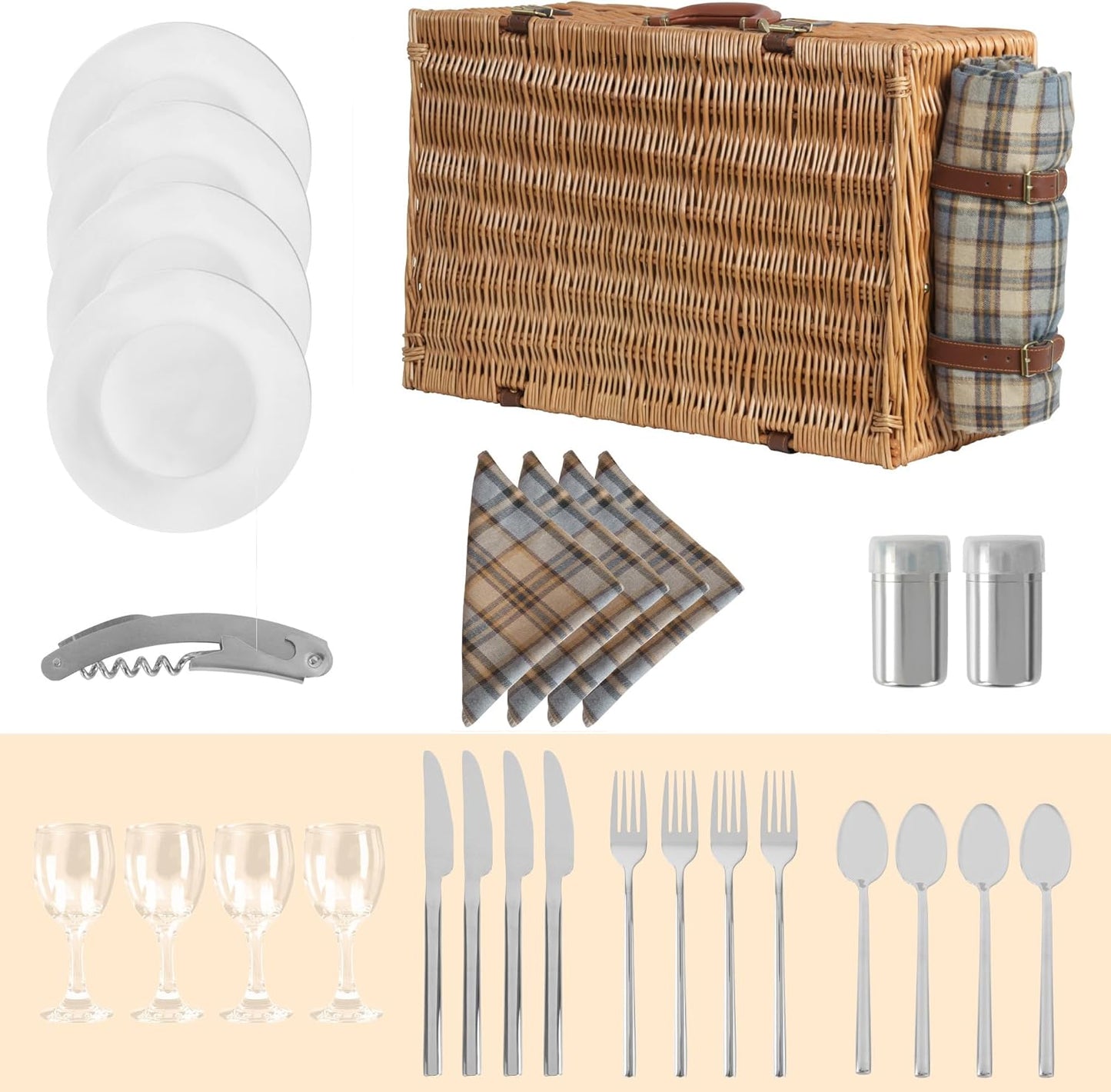 Picknickkorb mit Geschirr-Set und Kühlfach (29-teilig), Blau/Beige Kariert