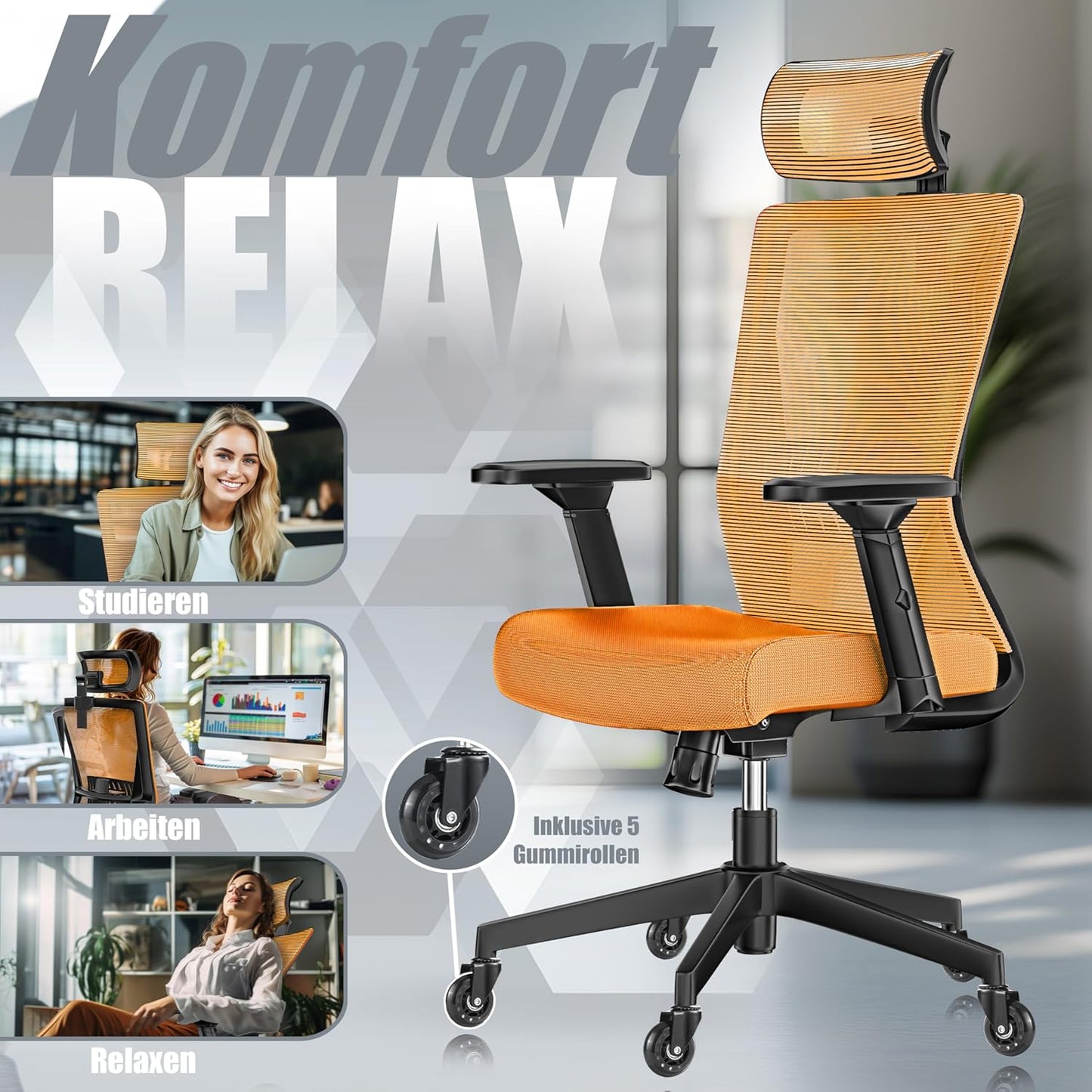 Ergonomischer Bürostuhl mit Wippfunktion und Lendenstütze, Orange / Schwarz