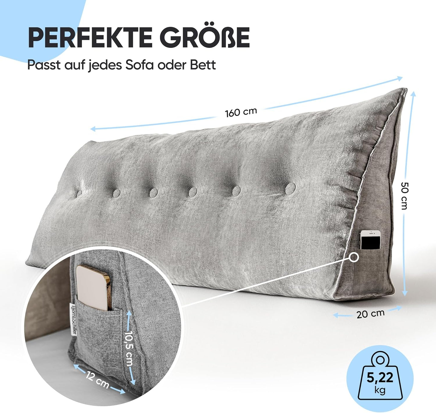 Lesekissen mit waschbarem Bezug, Grau 160 cm