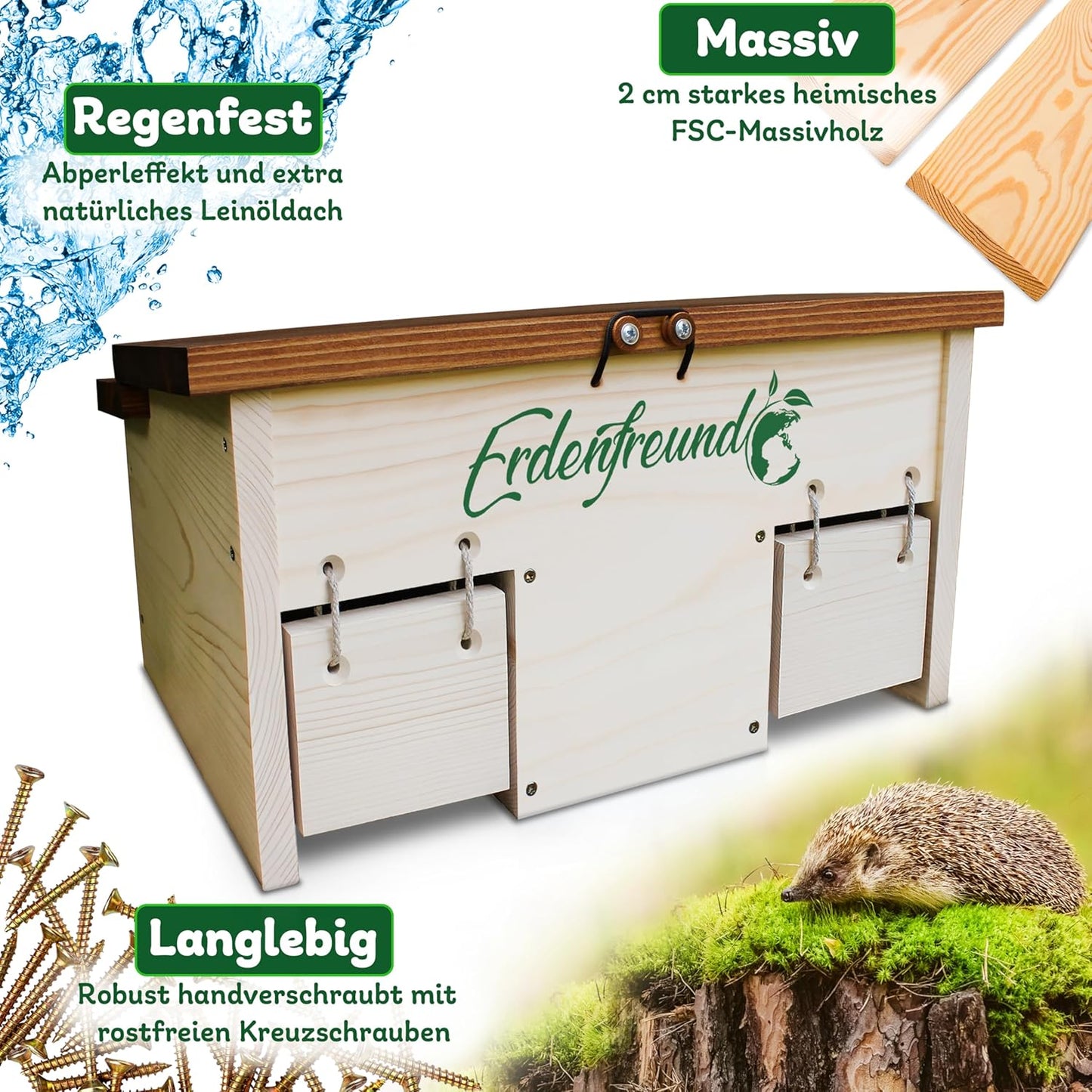 Igelfutterhaus mit Rattenklappe & Napf-Set, Igelfutterhaus inkl. 2er Set Wasser-& Futternapf