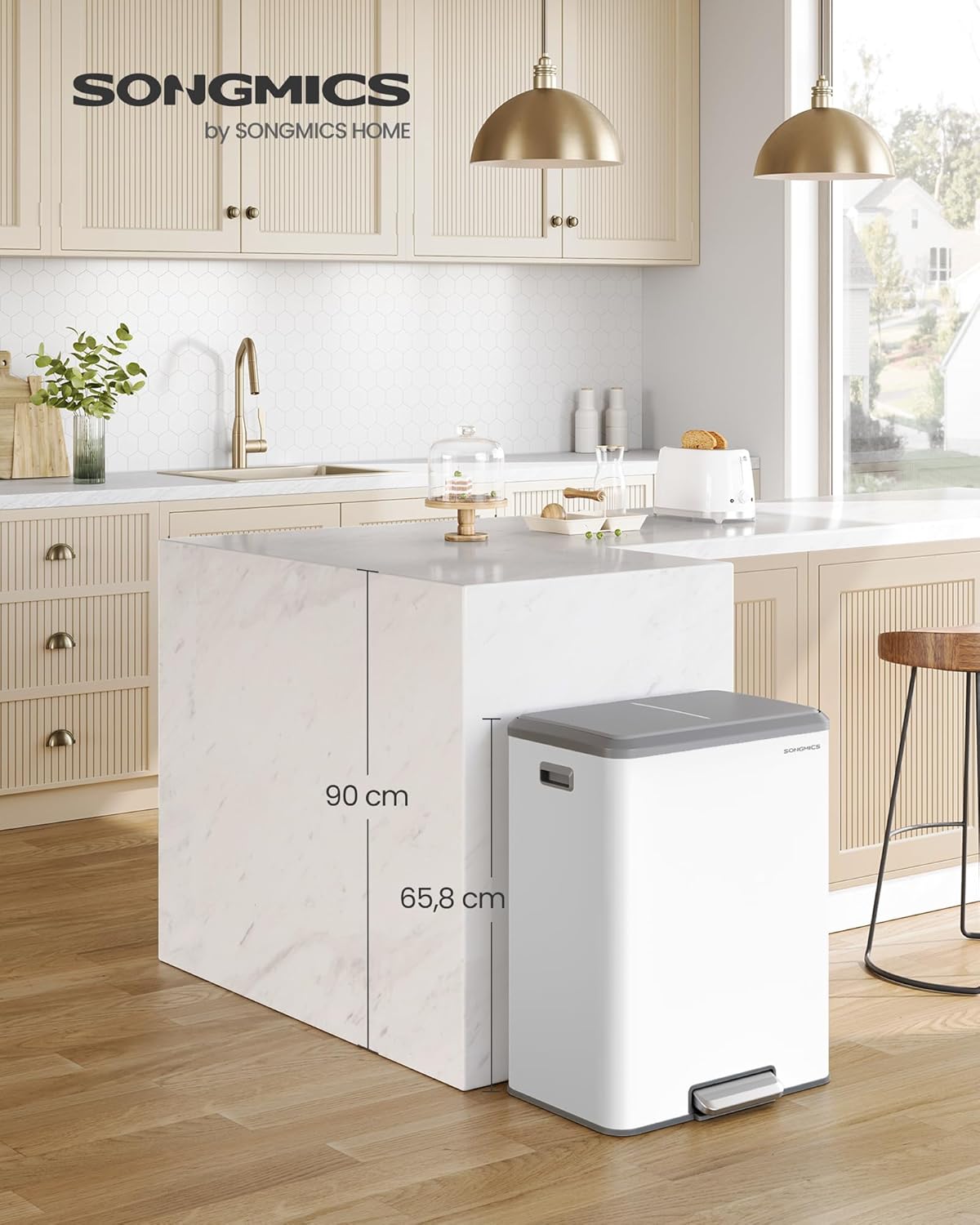 Mülltrennsystem 2x30L mit Softclose-Deckel, wolkenweiss 60 L