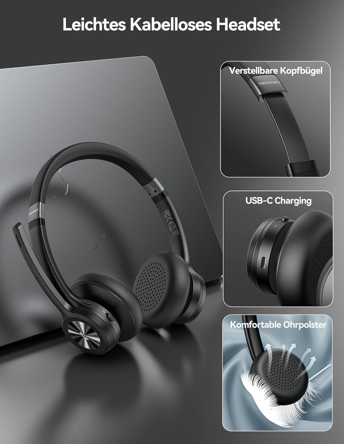 Bluetooth Headset mit Mikrofon & USB Dongle, TK-HS022, Schwarz Kabellose binaurale mit Dongle