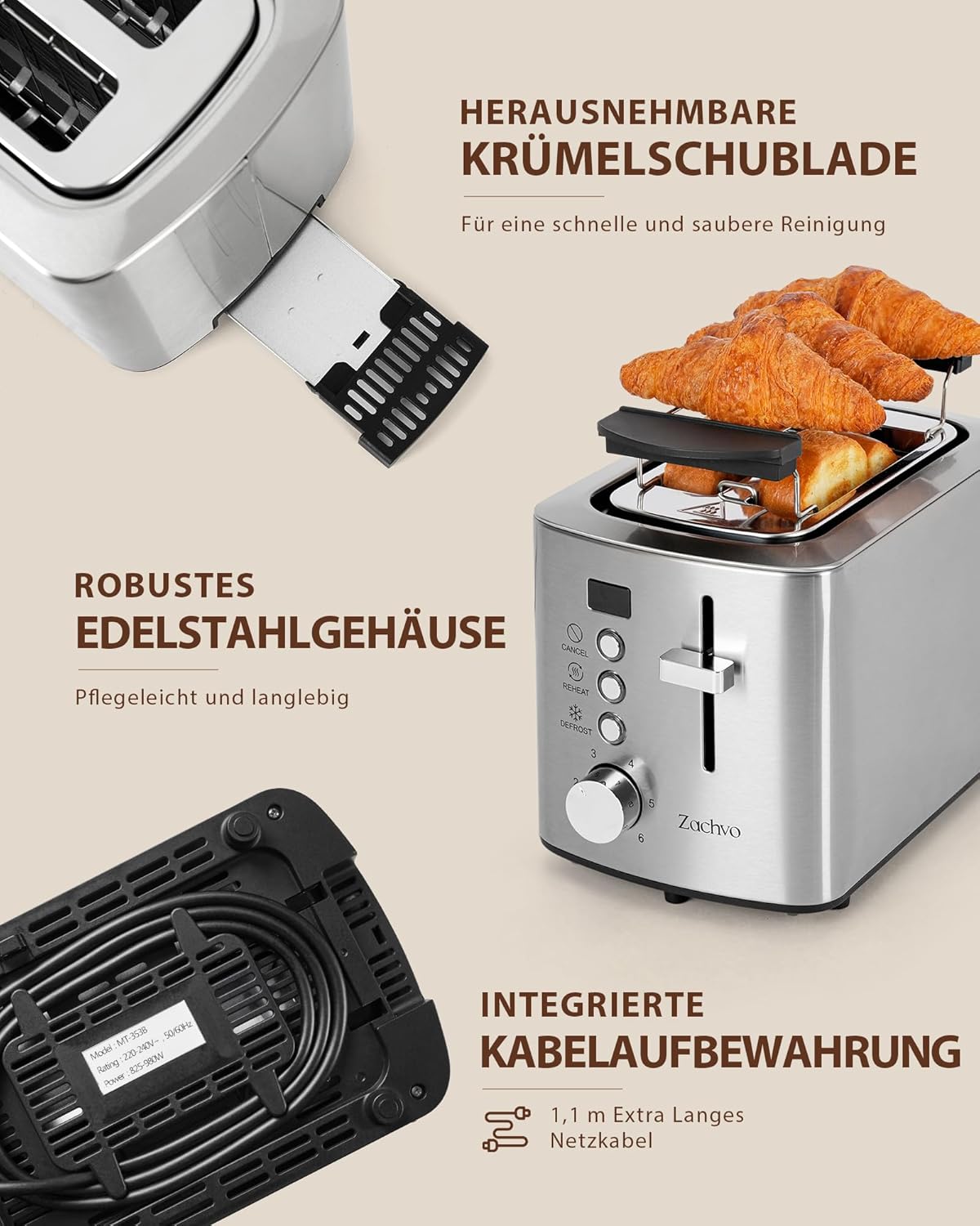 Toaster mit Brötchenaufsatz, Silber - Led Drehknopf