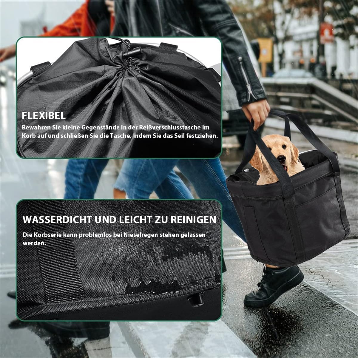 Faltbarer Fahrradkorb für Lenker, Schwarz