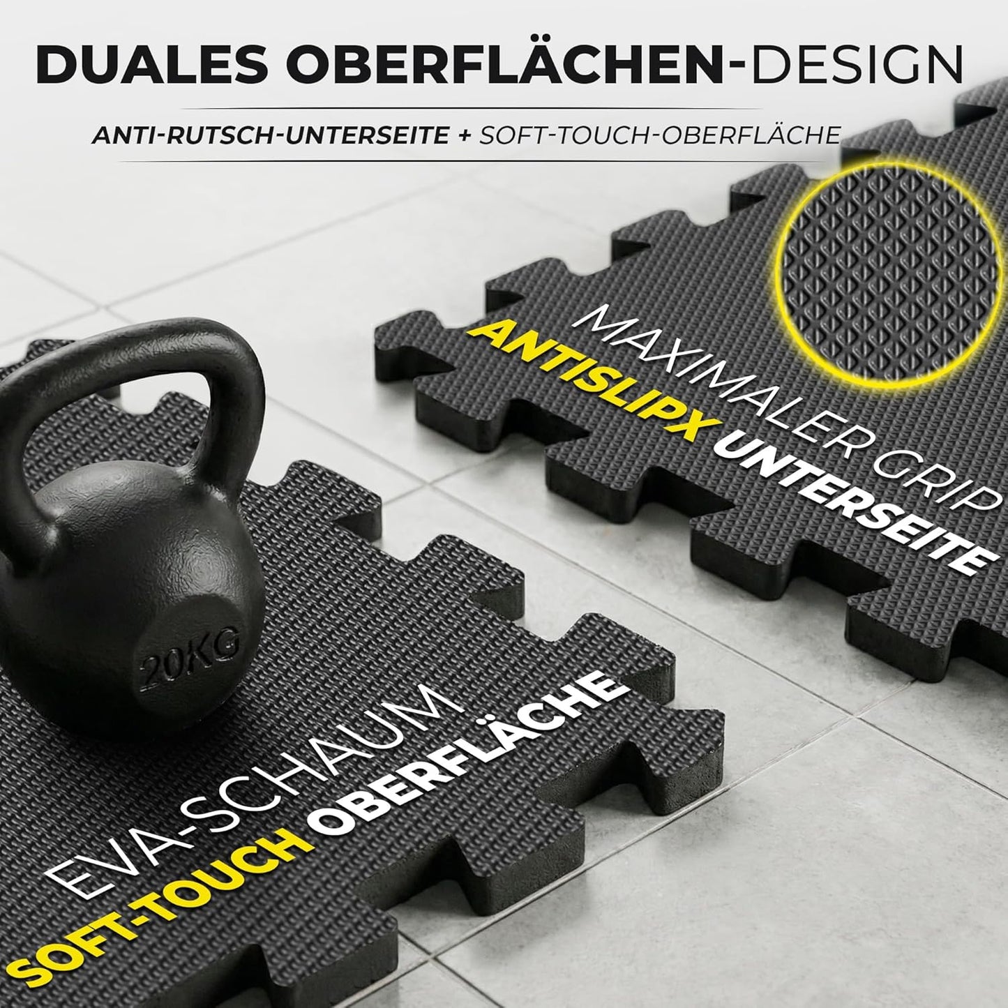 18-teiliges Bodenschutzmatten-Set für Fitness und Gymnastik, Anthracite | 1-side Antislipx | 18 Matten | 1,67 M² 32L x 32B x 1D cm