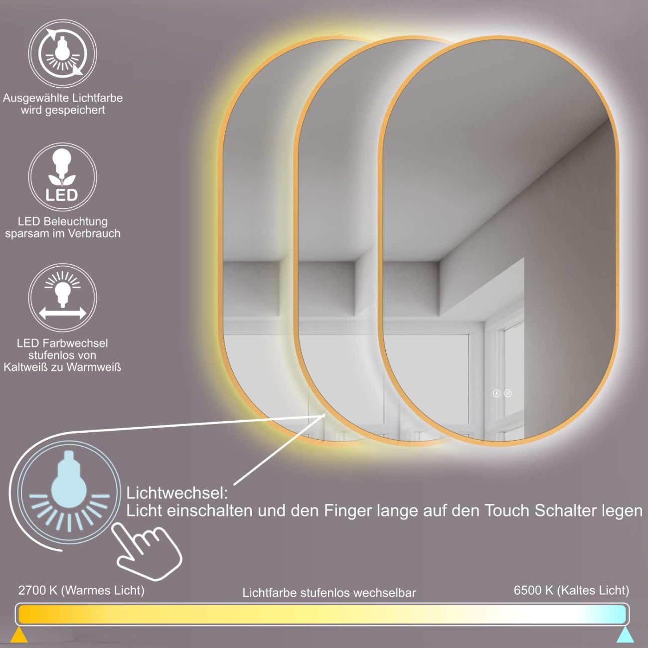 Ovaler LED Spiegel Tivoli mit Antibeschlagfunktion 60x100 cm, Gold-oval Antibeschlag 100L x 60B cm