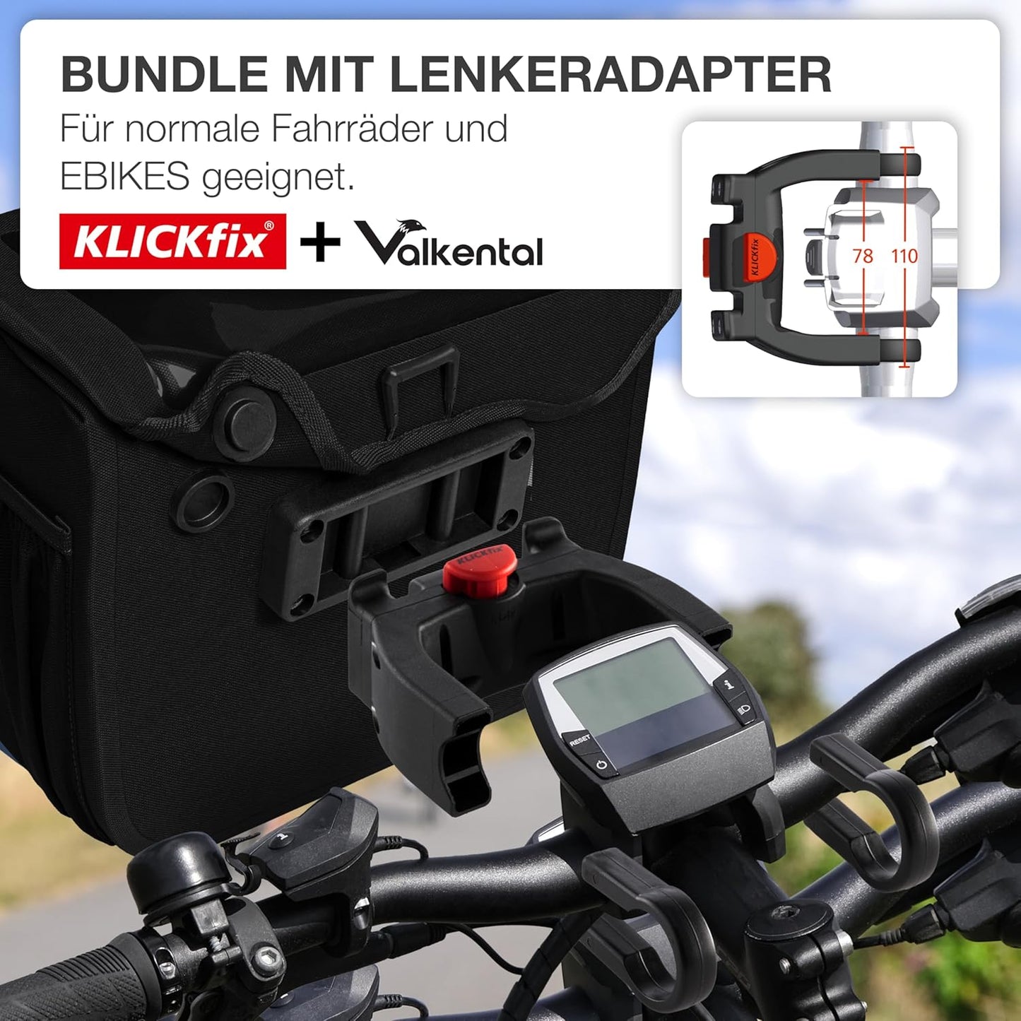 Wasserfeste Lenkertasche mit Handyfach, Schwarz Adapter